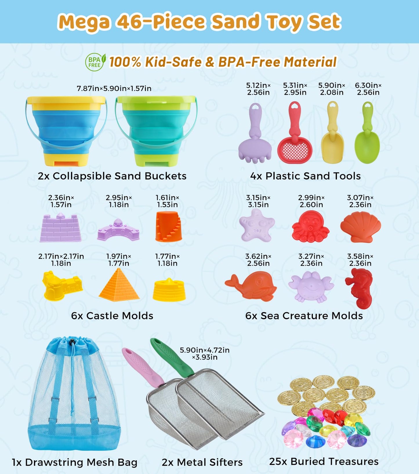 Eicaus 46 PCS Beach Sand Toys for Kids Toddlers, Collapsible Sand Buckets & Mesh Bag Set with Heavy Duty Metal Sifters, Treasure Hunt Gems, Castle Molds, Travel Sandbox Toys for Boys Girls
