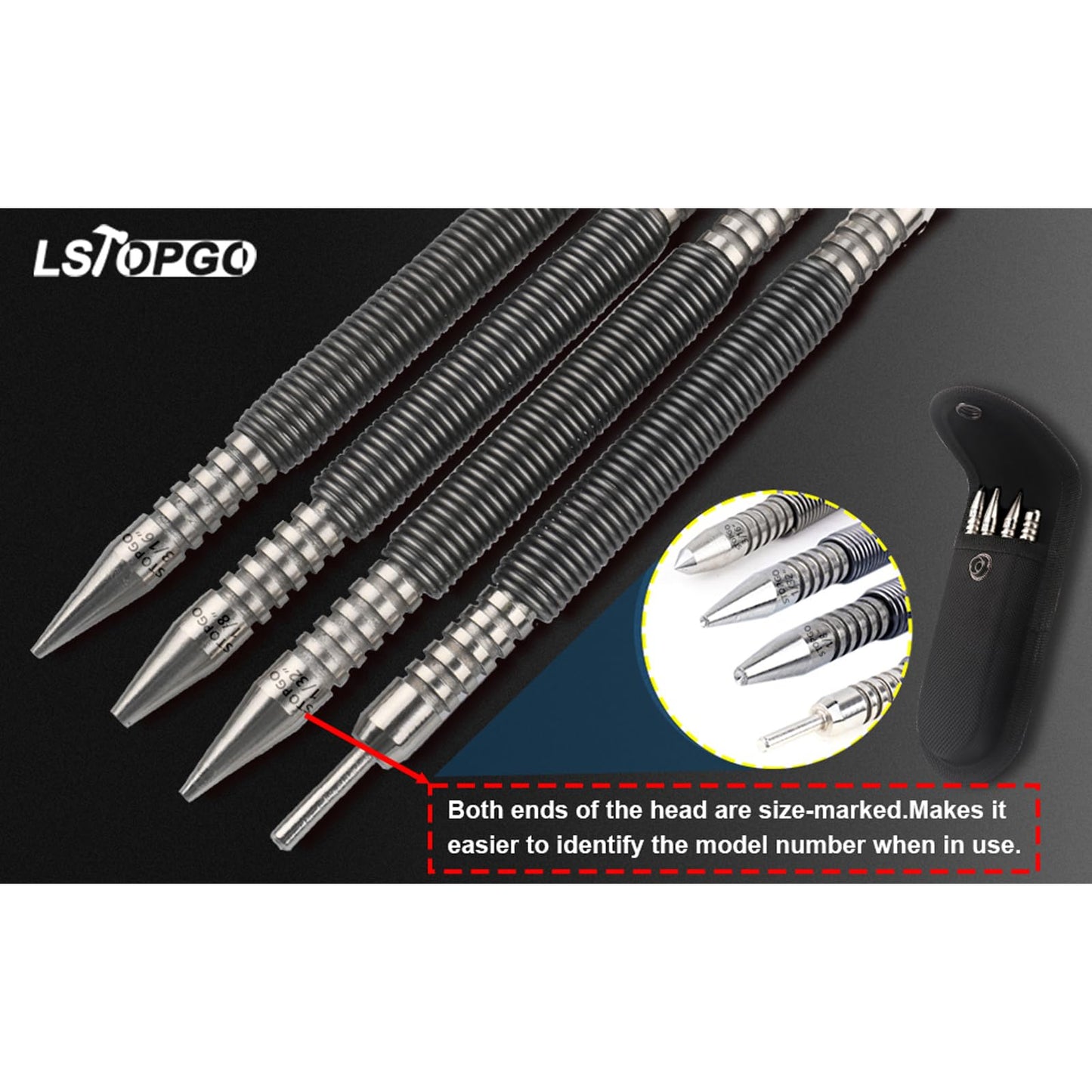 LSTOPGO Spring Nail Set with Size Marked,Spring Loaded Center Punch,4pcs Dual Head Nail Setter,Hammerless Door Hinge Pin Removal Tool（1/8-in, 3/32-in, 3/16-in, 1/16-in, 1/32-in, 1/8-in）