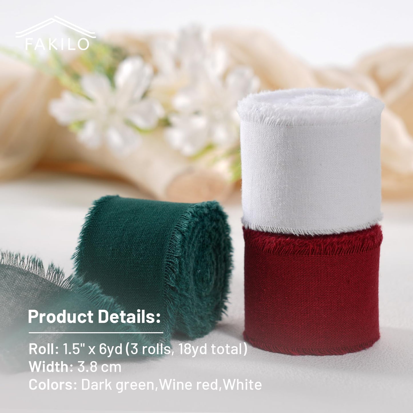 Natural Rustic Cotton Ribbon with Frayed Edge,100% Cotton Ribbon 1.5" x 18yds for Gift Wrapping,Christmas Decorations,DIY Crafts,Wreath Bow Making and Hair Accessories(Wine Red,Dark Green,White