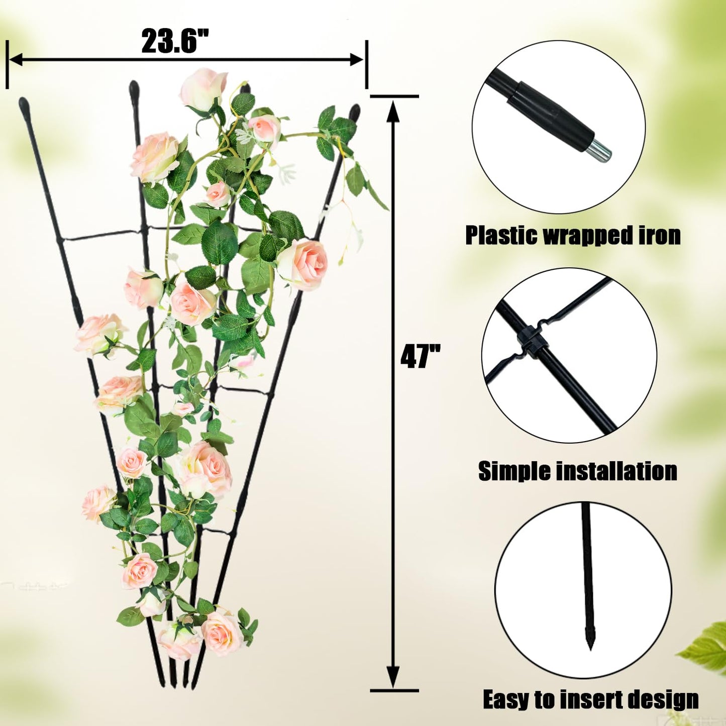 Garden Trellis for Climbing Plants Outdoor & Indoor, 47in Plant Trellis for Vines, Flowers,Tomato cage 3 Shapes Rustproof Plant Support Trellis for Potted Plants,Rose, Cucumber, Pea, Tomato, 2Pack
