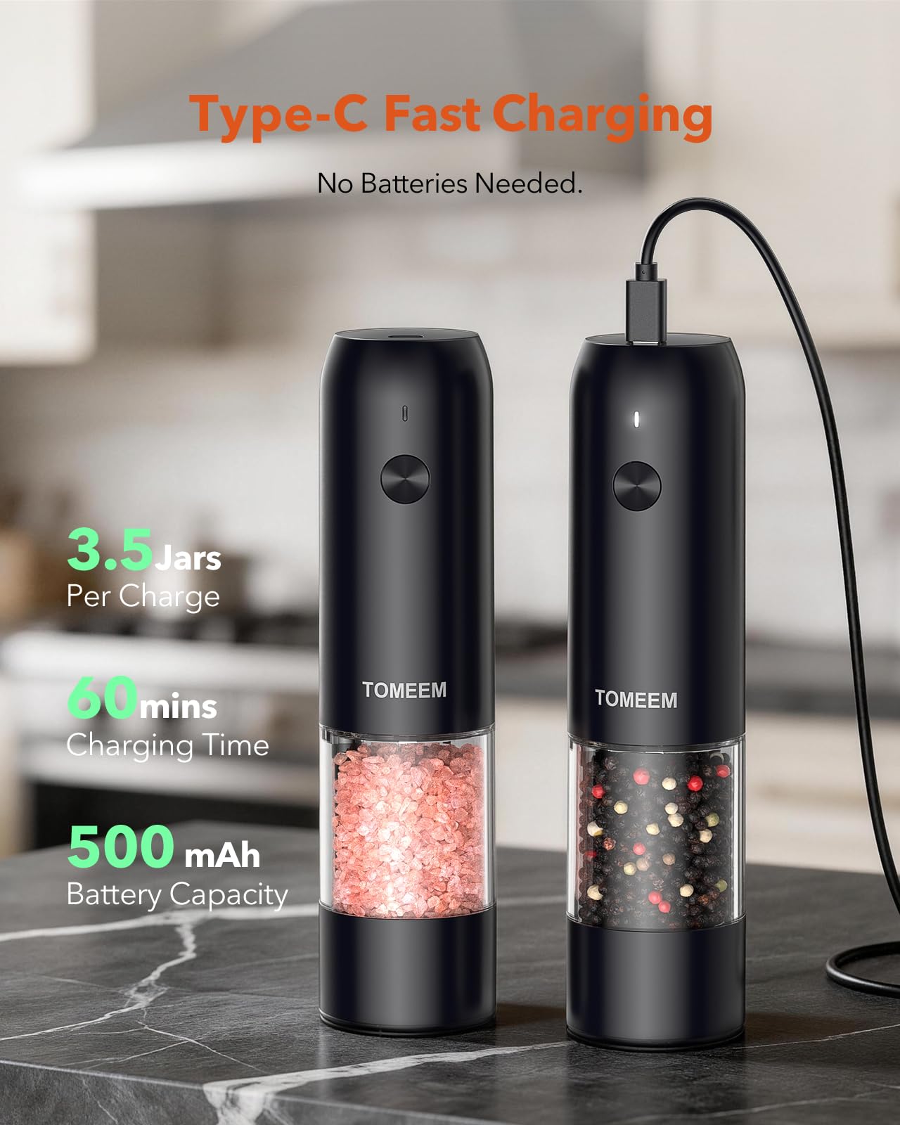 TOMEEM Electric Salt and Pepper Grinder Set with LED Lights，Rechargeable Automatic Pepper and Salt Mill with 6 Adjustable Coarseness, Dust Cover, One-Button Control for Cooking, Home Gifts
