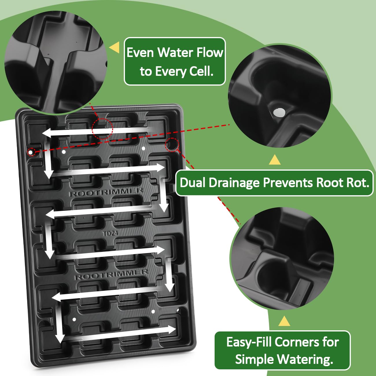 RooTrimmer 24 Cell Nursery Pots Trays 10 Pack (17"x11"x1.6"), Reusable Plastic Plant Pot Tray with Drain Holes, Carrying Seed Starter Tray for Holding 2.8 inch (7CM) Square Nursery Pots (Black)