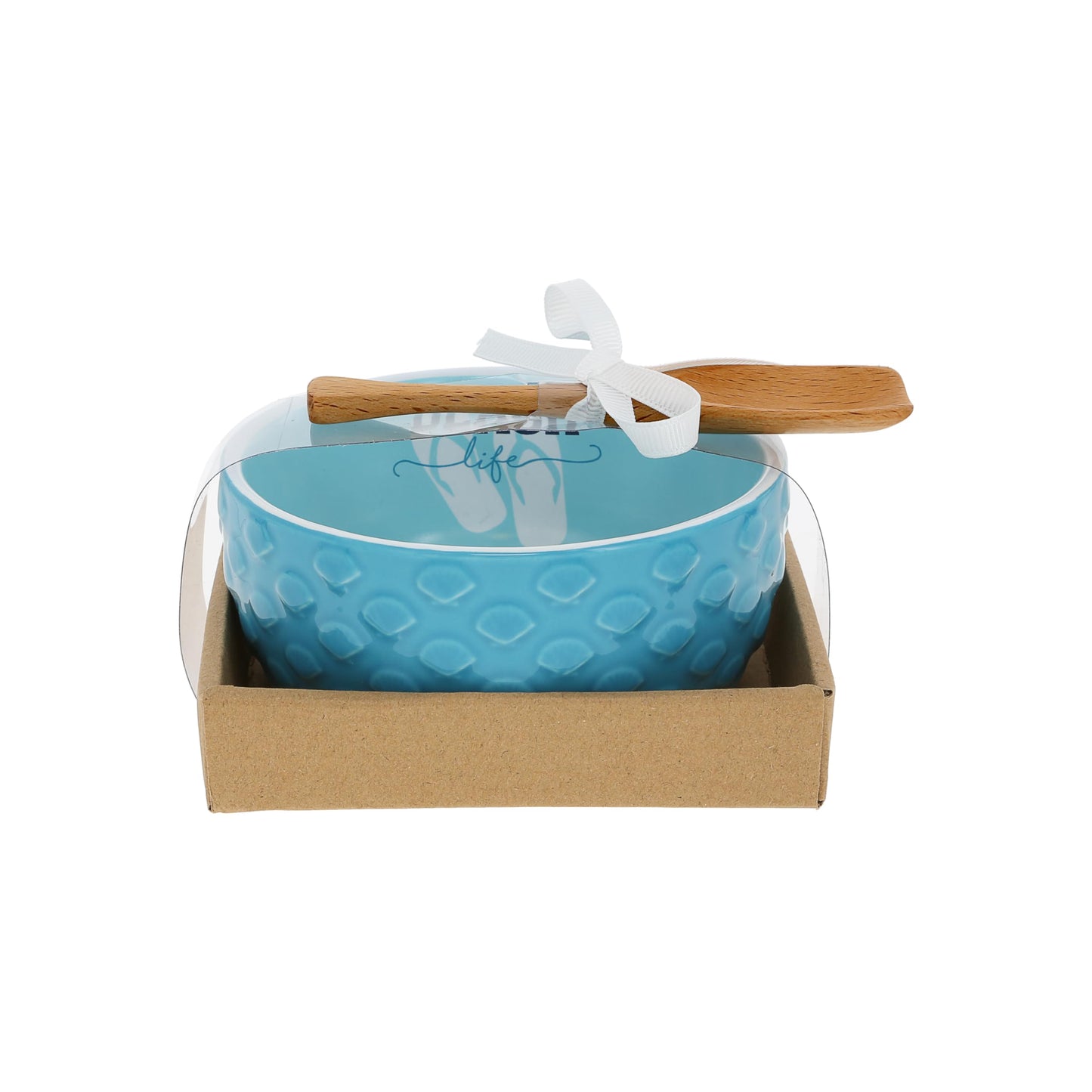 Pavilion Gift Company - Beach Life - 11oz 4.5" Bowl and Beech Spoon Set - Ocean Coastal Waterfront Nautical Stoneware Home Decor Housewarming Summer Kitchenware Serveware