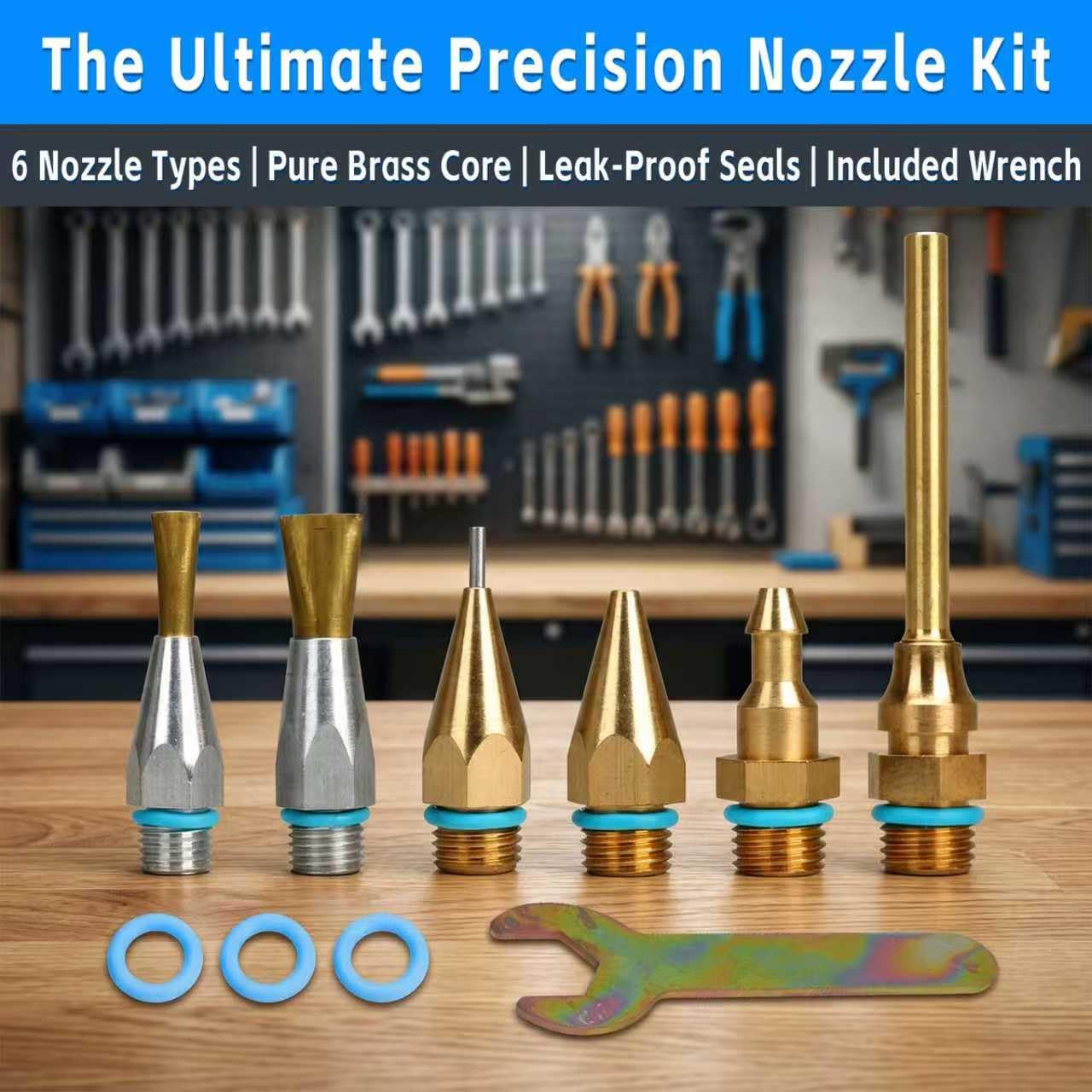 Premium 6-Piece Copper Hot Glue Gun Nozzle Set with Wrench and O-Rings - Includes 2 Flat Nozzles, Interchangeable Heat Gun Attachments for Precision Crafting and DIY Repairs