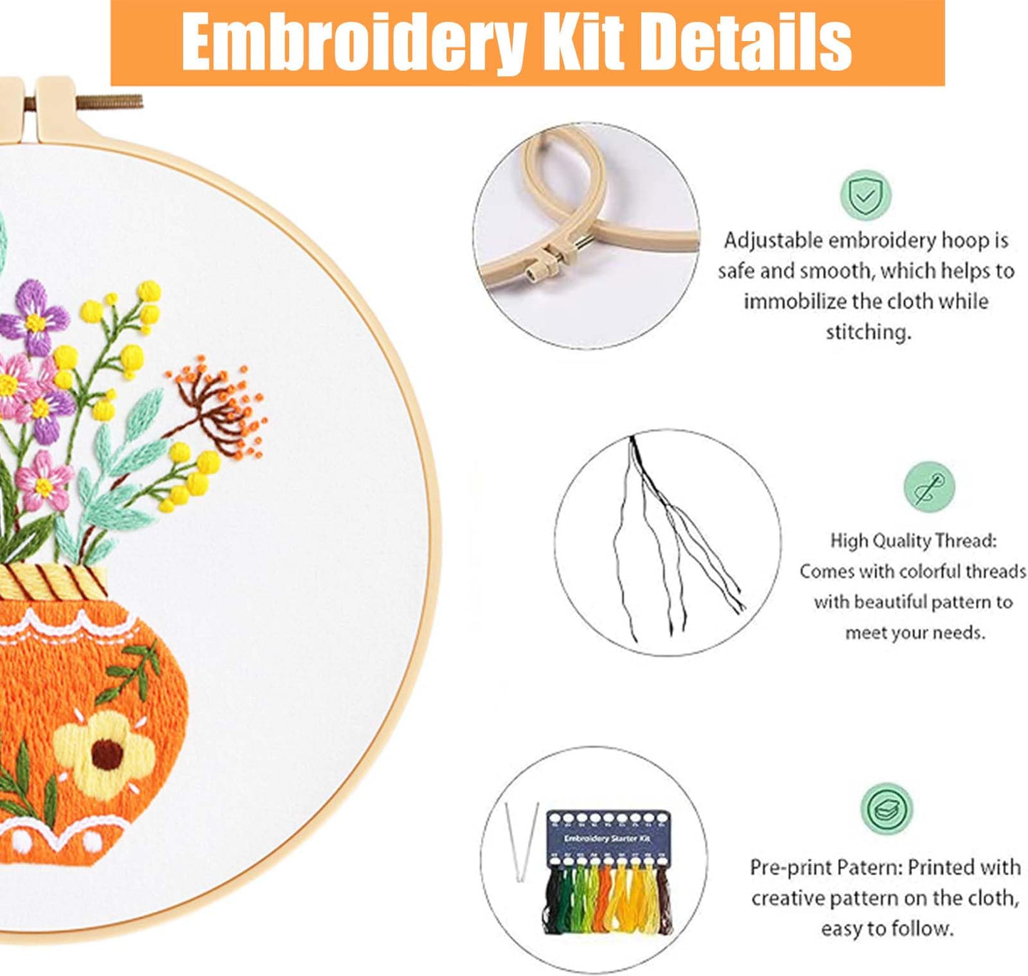 GLTAYLMY 3pcs Embroidery Starter Kit with Vase Pattern, Stamped Cross Stitch Kits for Beginners Adults with Embroidery Hoop and Instructions, Hand Embroidery Kit