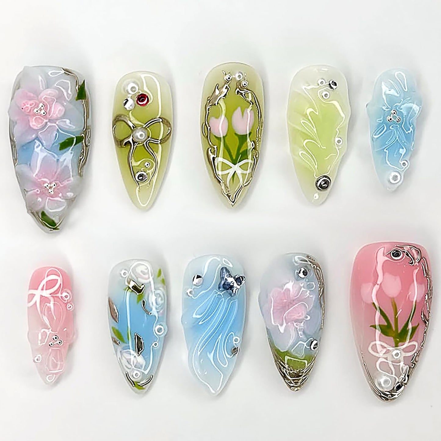 3D Flower Press on Nails Short Almond Fake Nails with Rhinestones Pearls Butterfly Bow Designs Spring False Nail Acrylic Artificial Fingernails Summer Stick on Nail for Women 30Pcs