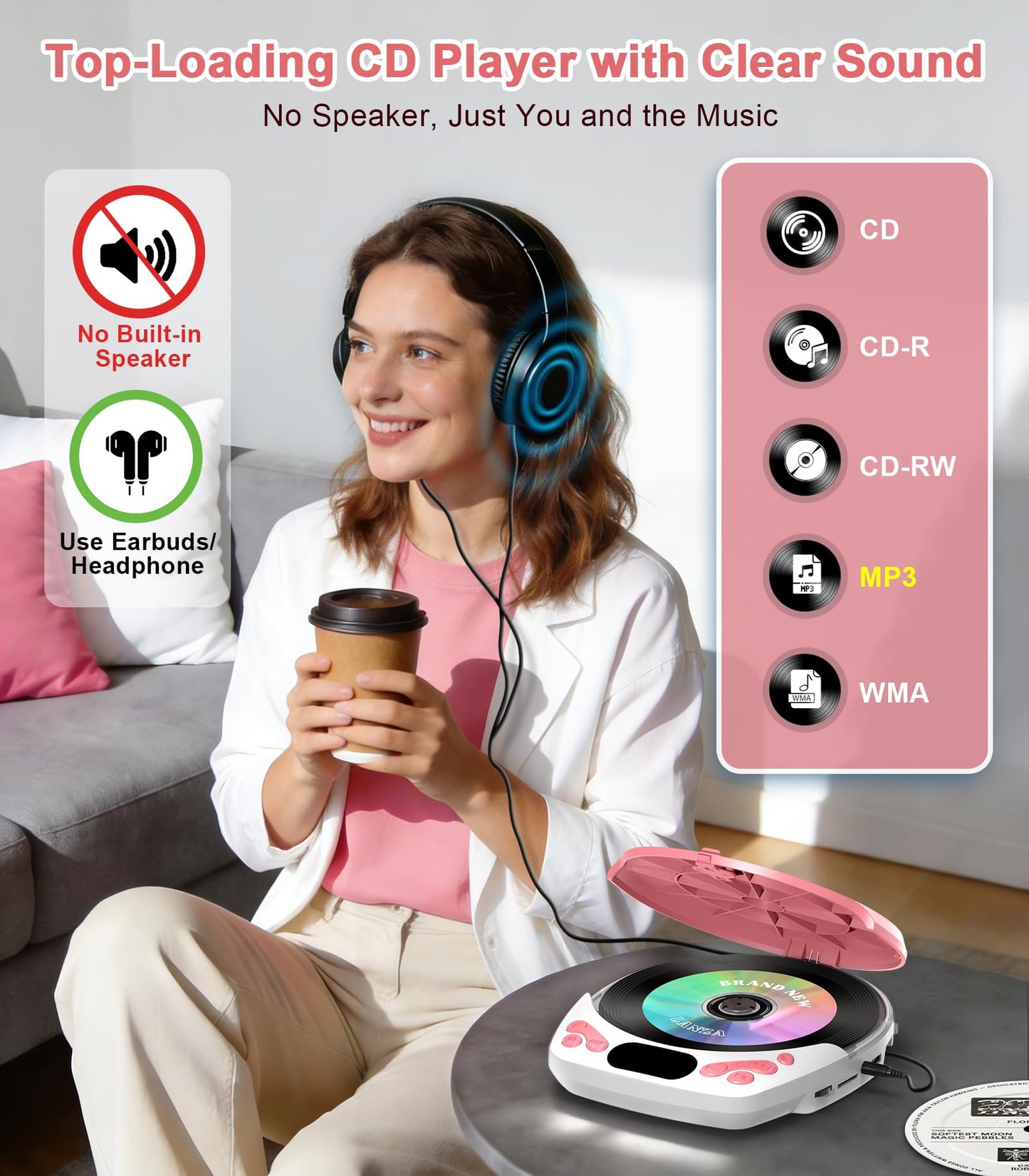 Greadio Discman CD Player with Headphones, Portable Pink CD Player for Car & Home, Rechargeable CD Players with 60s Anti-Skip, Supports CD/MP3/WMA/TF Card/AUX, Backlit/Lock/Programmable/Timer