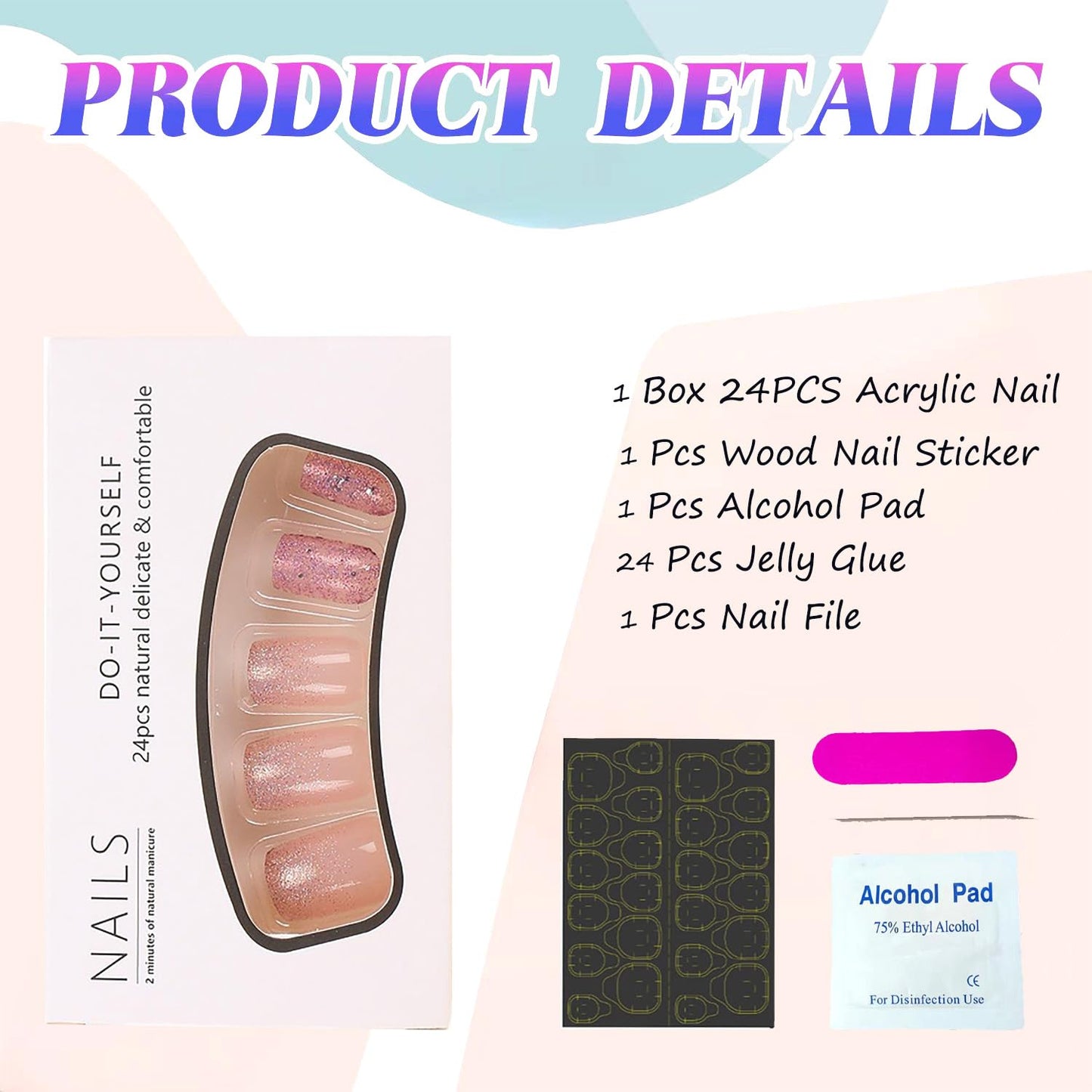 Medium Press on Nails Pink Gradient Fake Nails Full Cover Sparkly False Nails Purple Glitter Acrylic Nails Cute Press on Nails Square Glue on Nails Bling Fake Nails for Women Manicure Kit 24Pcs