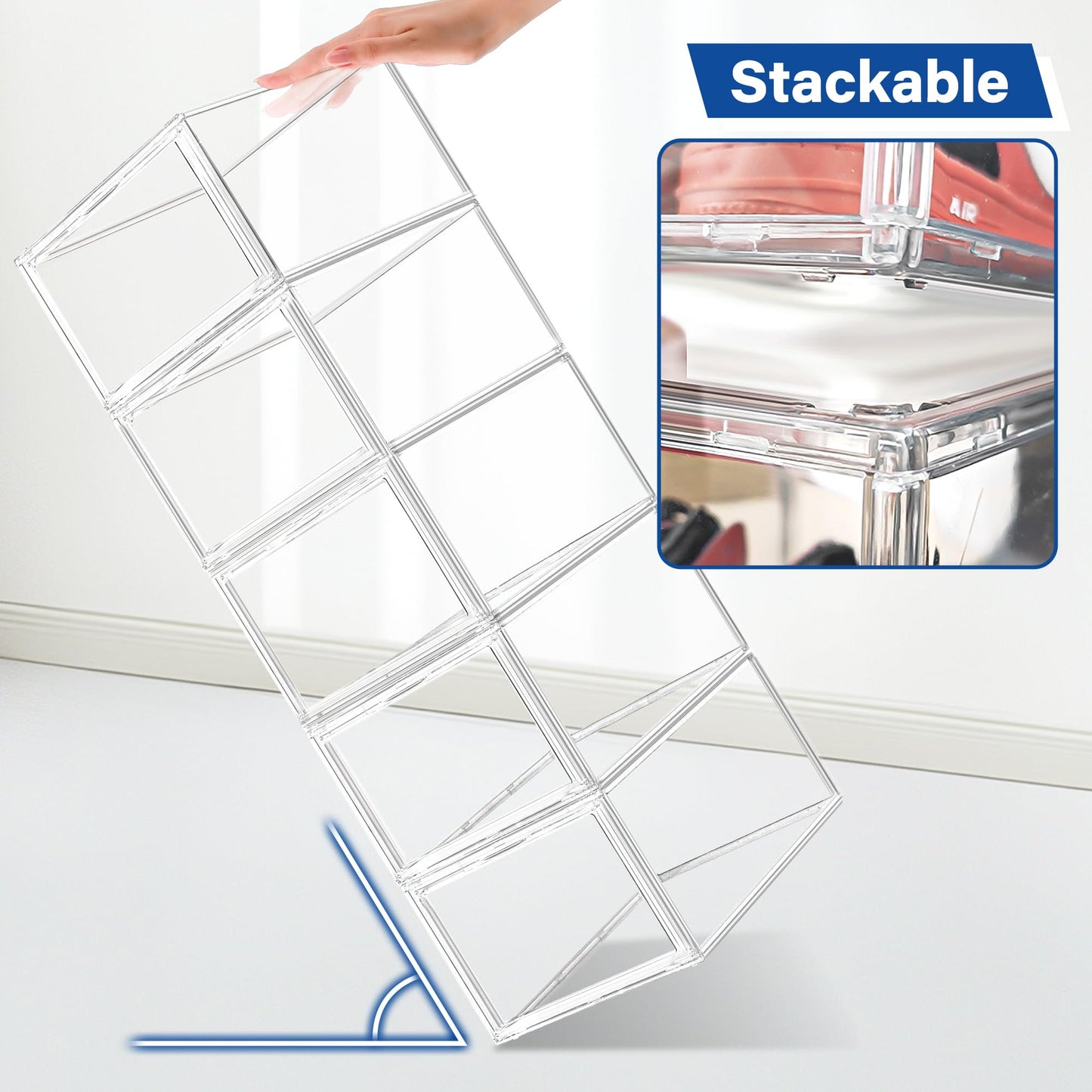 EZJOB 2 Pack Drop Front Shoe Boxes Acrylic Box Sneaker Case Size 12, Transparent Display Cases for Sneaker Collections, Baseball Caps, Hat Organizer Dust-free Shoe Cubbies Stackable Sneaker Boxes