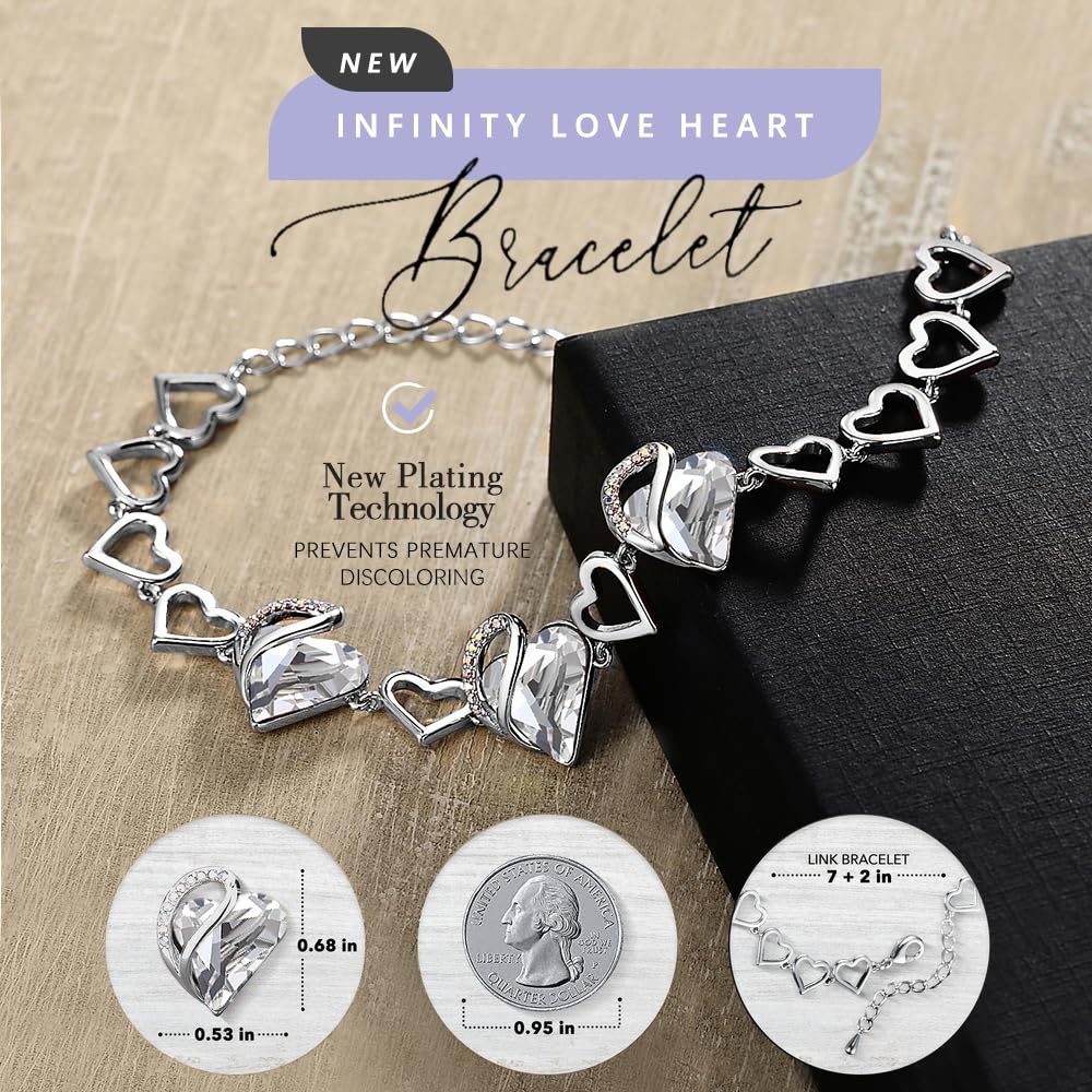 Leafael Infinity Love Heart Gift Bracelet for Women, April Birthstone Crystal, Crystal White, Silver Tone, 7-inch Chain and 2-inch Extender