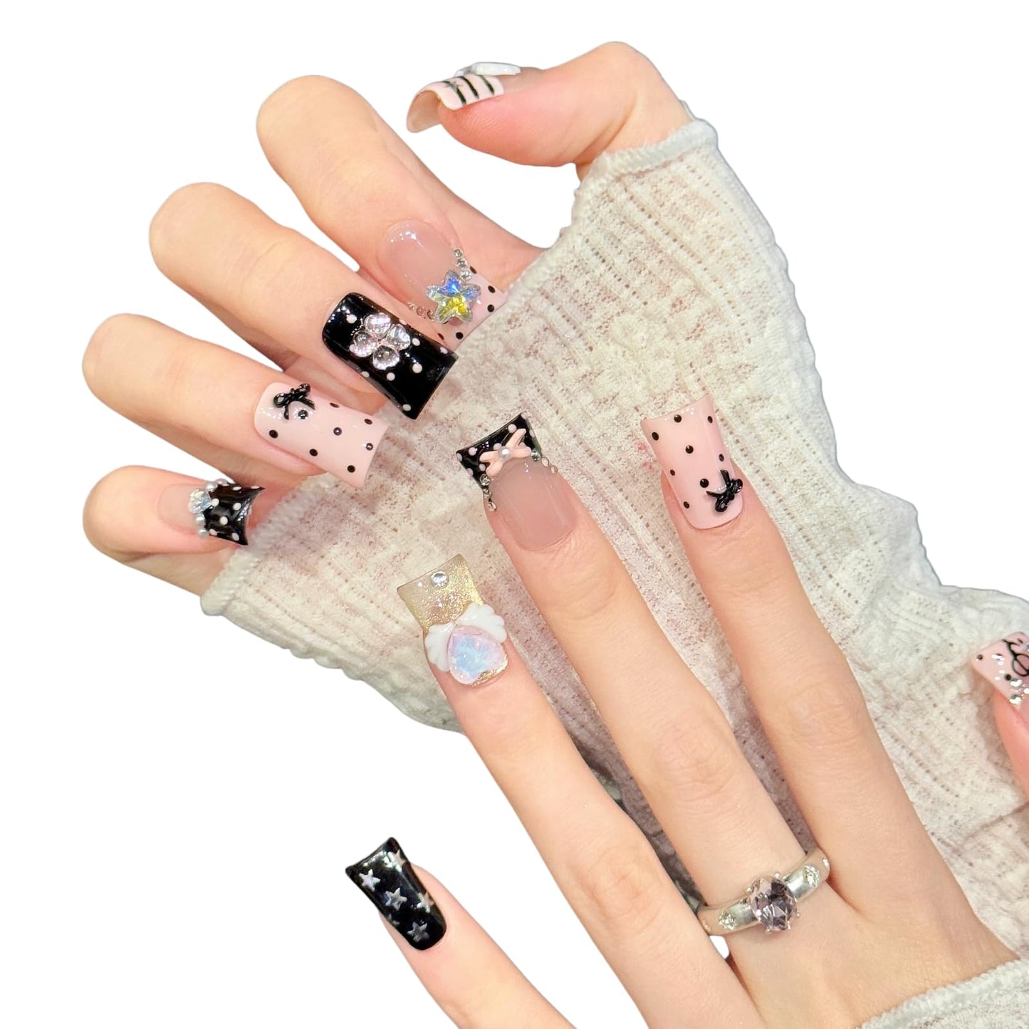Tesytto Handmade Press On Nails Y2K Black Pink Polka Dot Short Duck with Bow Star Heart Music Note Rhinestone, Reusable Goth False Nails for Party, 10 Pcs Set （Dark Sweet Melody,S)