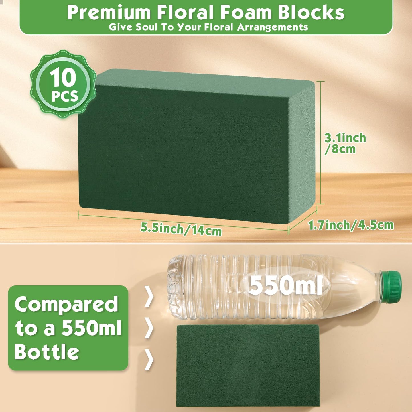 MAPVOLUT 10 Pcs Small Floral Foam Blocks 5.5” x 3.1” x 1.7”, with 2 Rolls Waterproof Floral Tape - 12mm x 65.62ft, for Fresh or Artificial Flower Arrangements, DIY Wedding, Home Decor, and Crafts