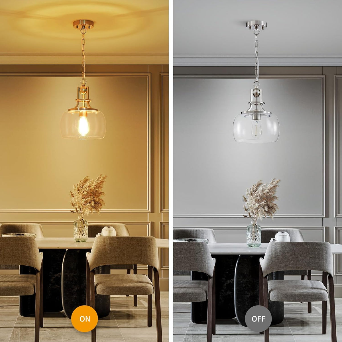 WUZUPS Chandelier Rustic Farmhouse Industrial Round Ceiling Pendant LED Light Fixture with Clear Glass Shades for Dining Room Kitchen Island Foyer Entryway, H 13" x W 10", E26 Base, Brushed Nickel