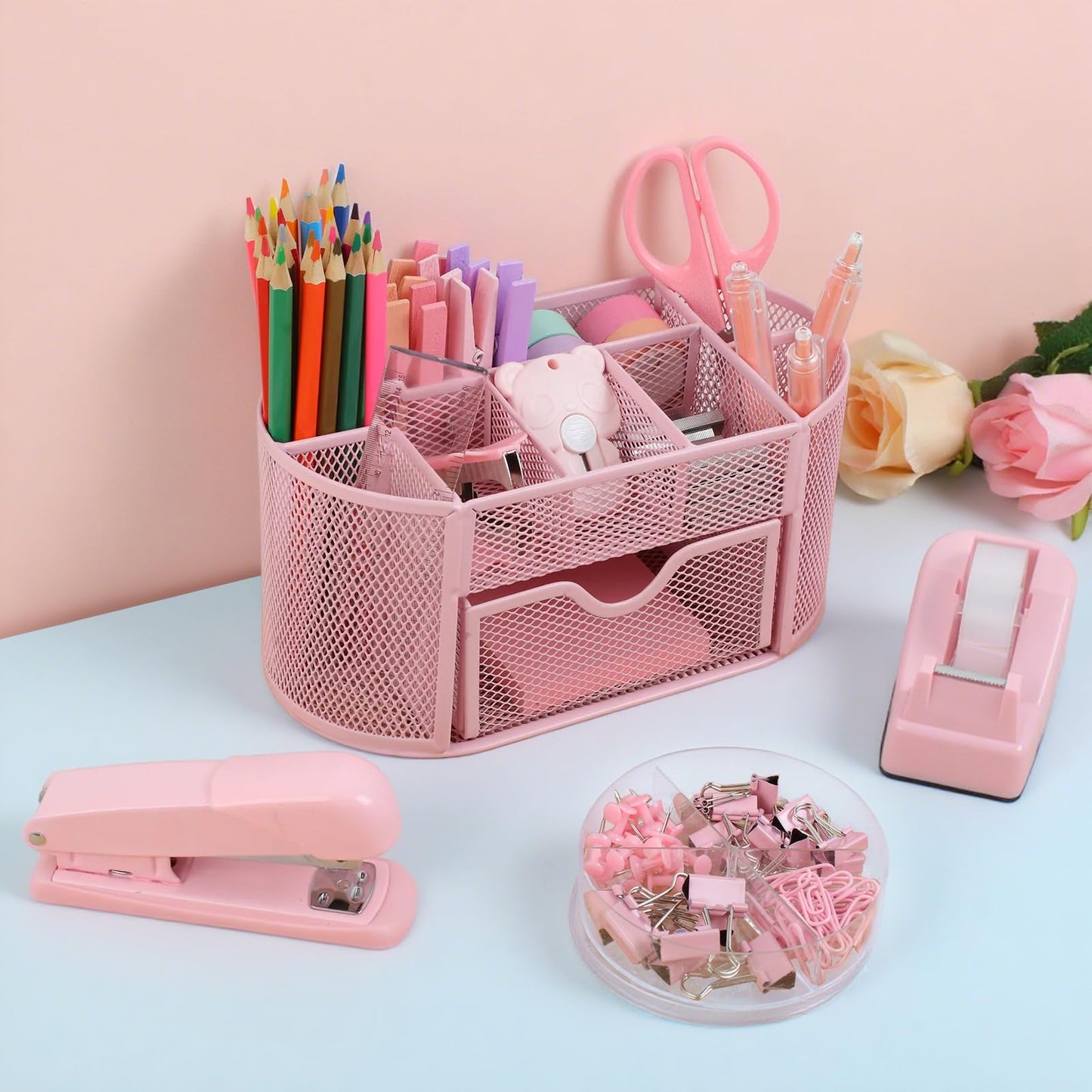 PrintPulse Pink Office Supplies for Desk,14pcs Desk Sets and Accessories, Office Supply Kit with Mesh Desktop Organizer and Stapler,Staple Remover, Staples,Tape Dispenser,Sticky Tabs,Scissors, Ruler