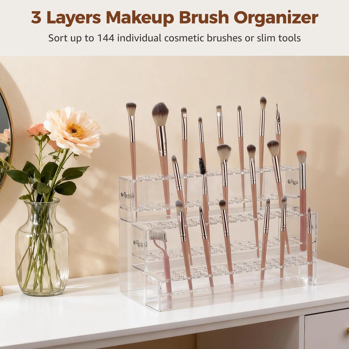 ZALIR Makeup Paint Brush Organizer Rack, 3 Layers 144 Holes Clear Acrylic Pen Display Stand, Stepped Pencil Storage Rack, Multi-Level Cosmetic Brush Holder for Vanity, Craft Show Station