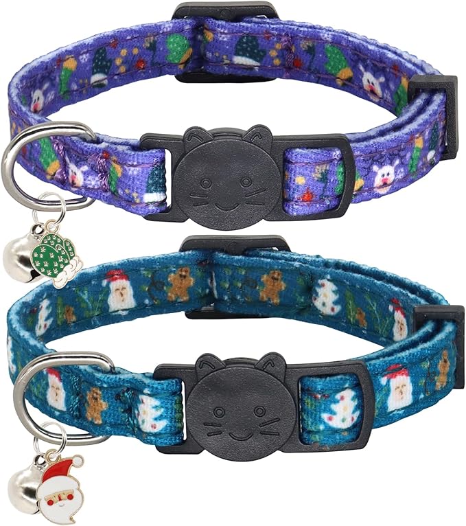 Giecooh Christmas Cat Collar, Cotton 2 Pack Cat Collar with Bells, Breakaway Collars for Girl Boy Kittens, Reindeer
