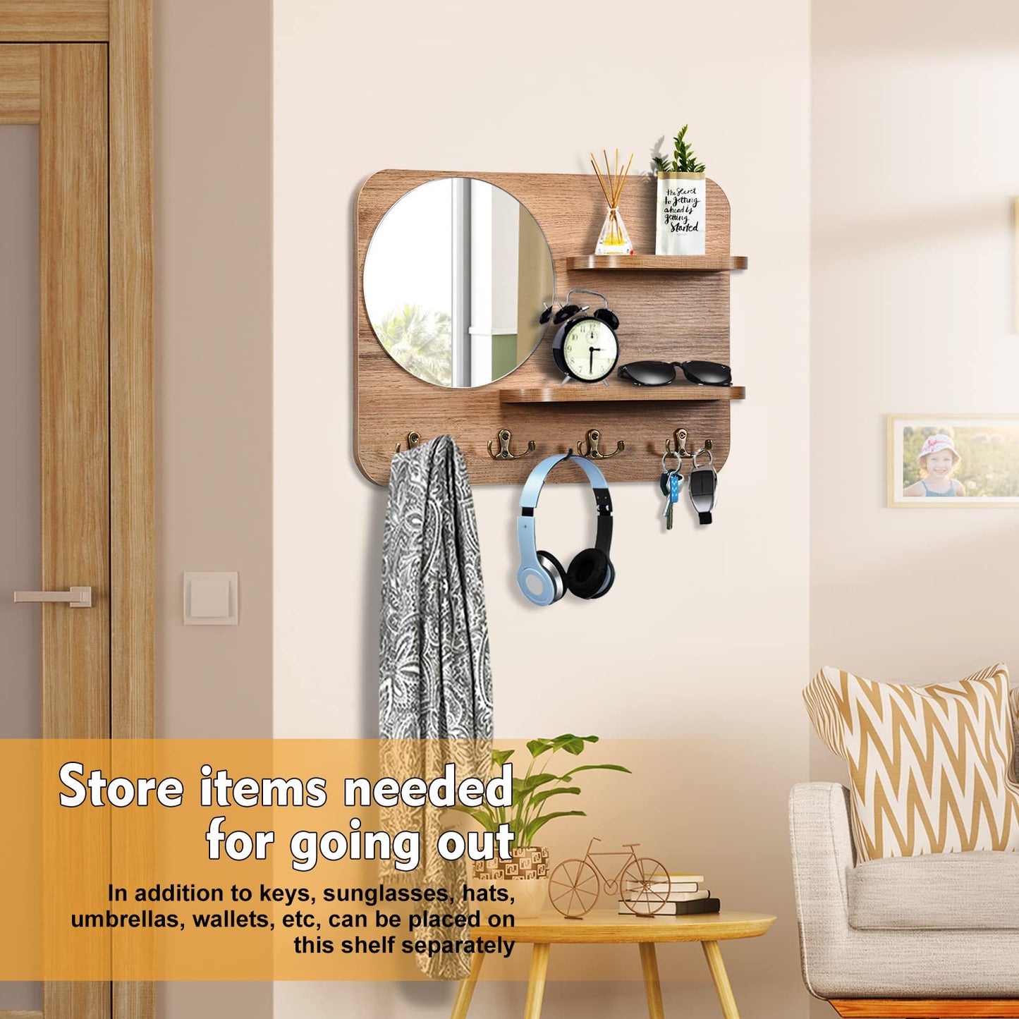 YeadCedle Wooden Key Rack with Mirror, Shelf and 4 Key Hooks for Rustic Entrances, Hallways, Living Rooms and Bedrooms - 16"x12" (Oak Color)