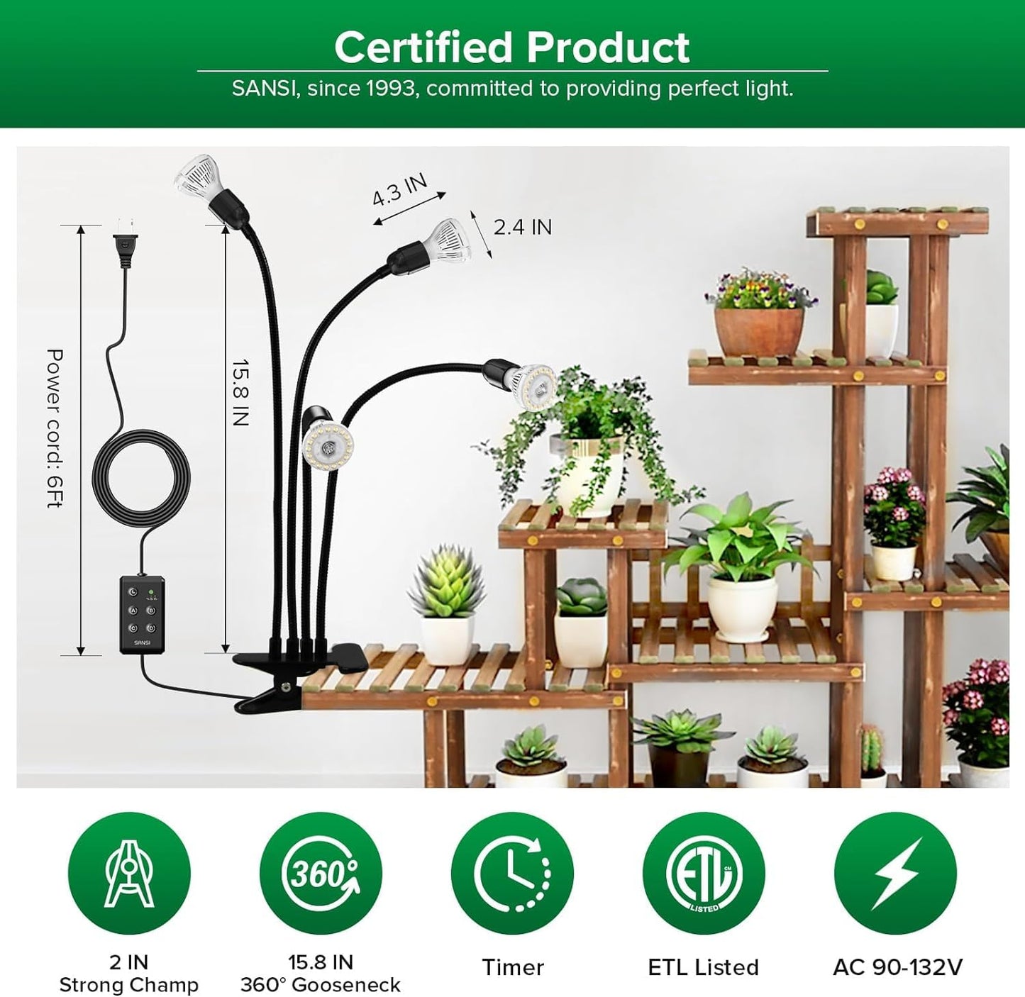SANSI LED Grow Lights for Indoor Plants, Lifetime Free Bulb Replacement, 600W Full Spectrum 4-Gooseneck Clip Plant Grow Light, Plant Light with Timer 4/8/12 Hrs, High PPFD Growing Power Grow Lamp