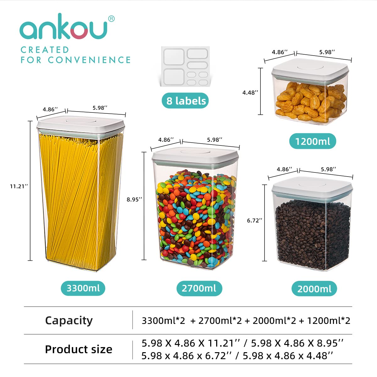 Ankou Food Storage Containers Pop Airtight Food Storage Containers with Lids for Kitchen Pantry Organizing Cereal Snack Flour Sugar Coffee Spaghetti Stackable - 8 Pcs (1.2, 2.0, 2.7, 3.3qt)*2