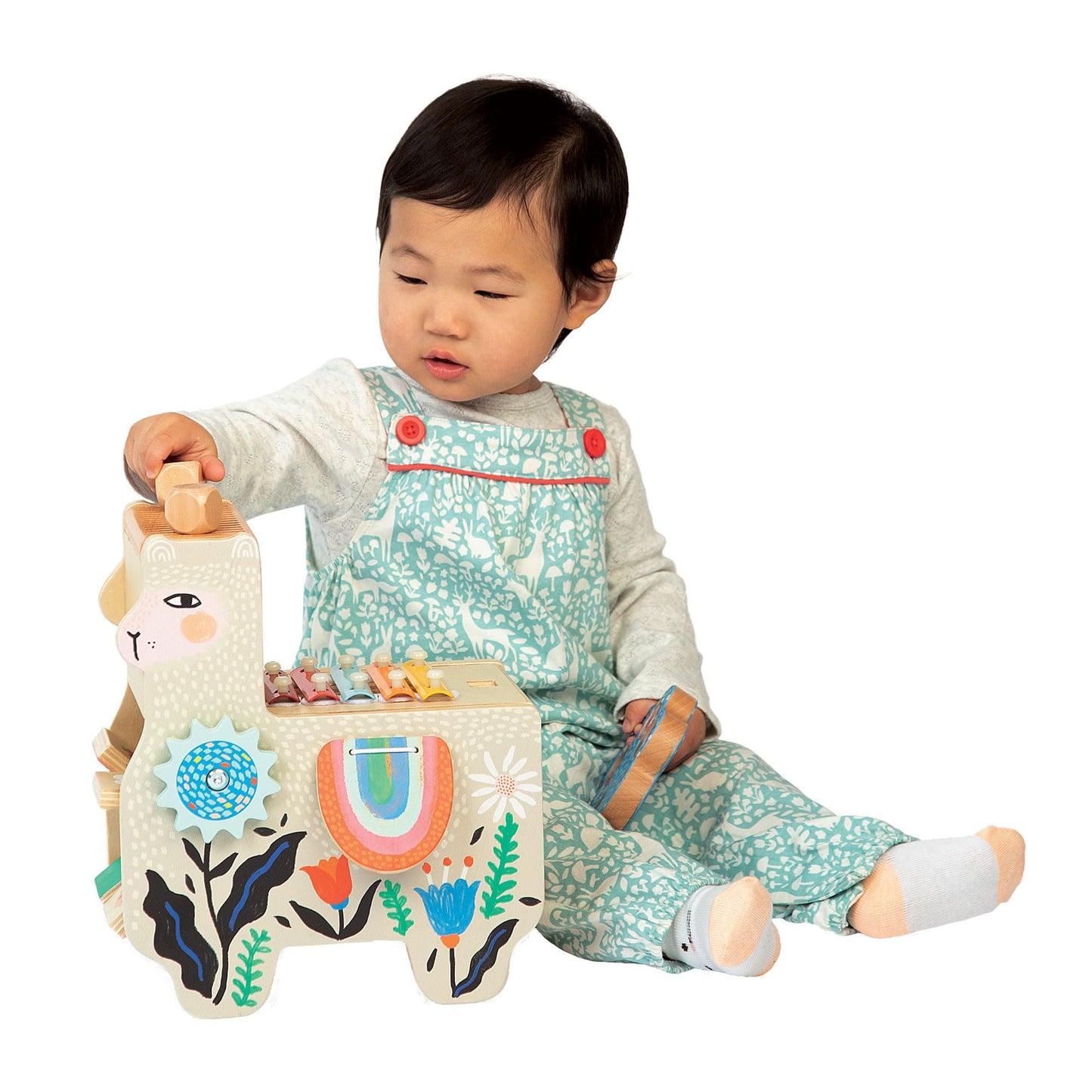 Manhattan Toy Musical Llama Wooden Instrument for Toddlers with Maraca, Clacking Saddlebags, Drumsticks, Washboard & Xylophone