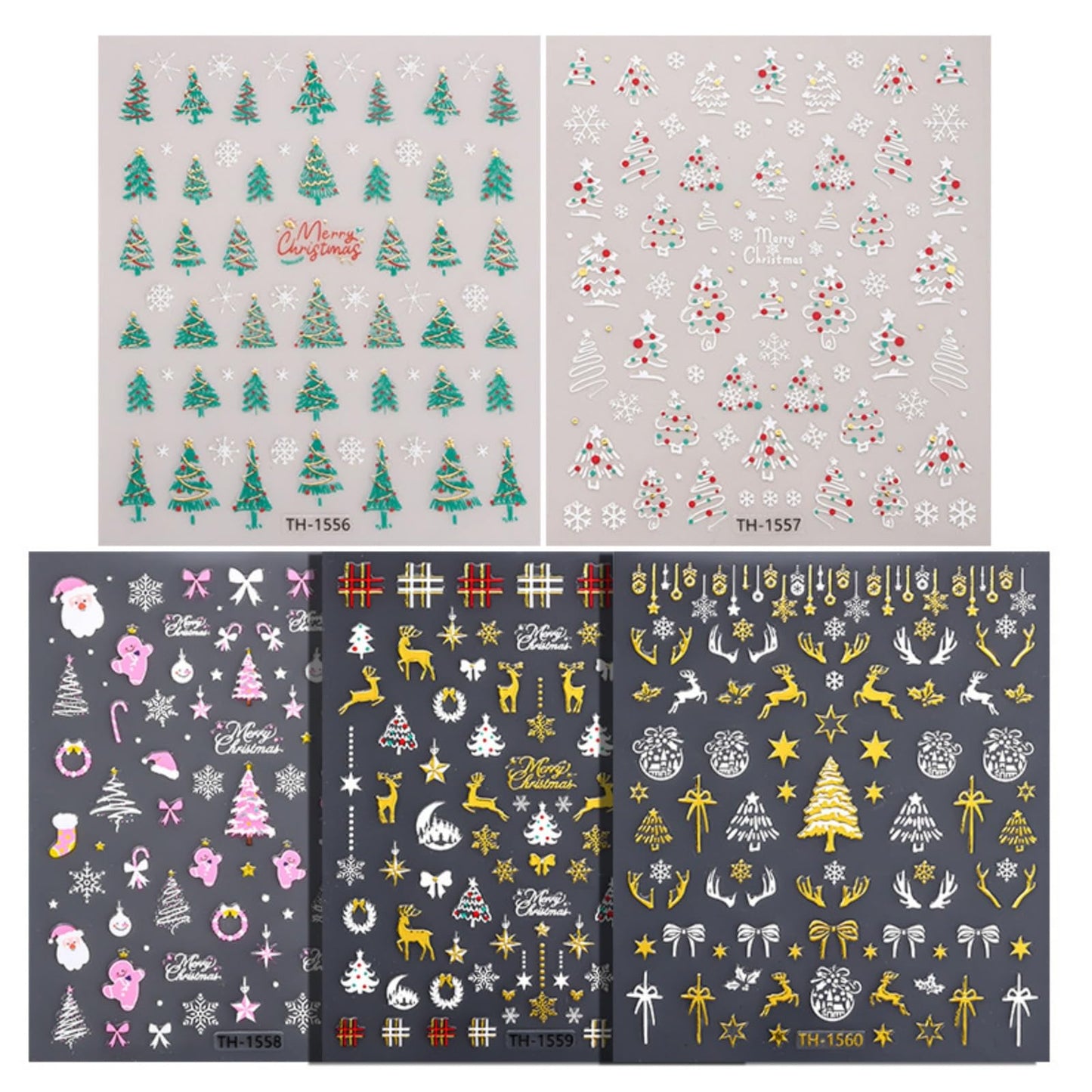 5 Sheets Christmas Bronzing Nail Stickers, 3D Embossed Self-Adhesive Snowflake Nail Decals with Xmas Tree Santa Claus Bow Design Holiday Nail Art Supplies for Women DIY Decorations