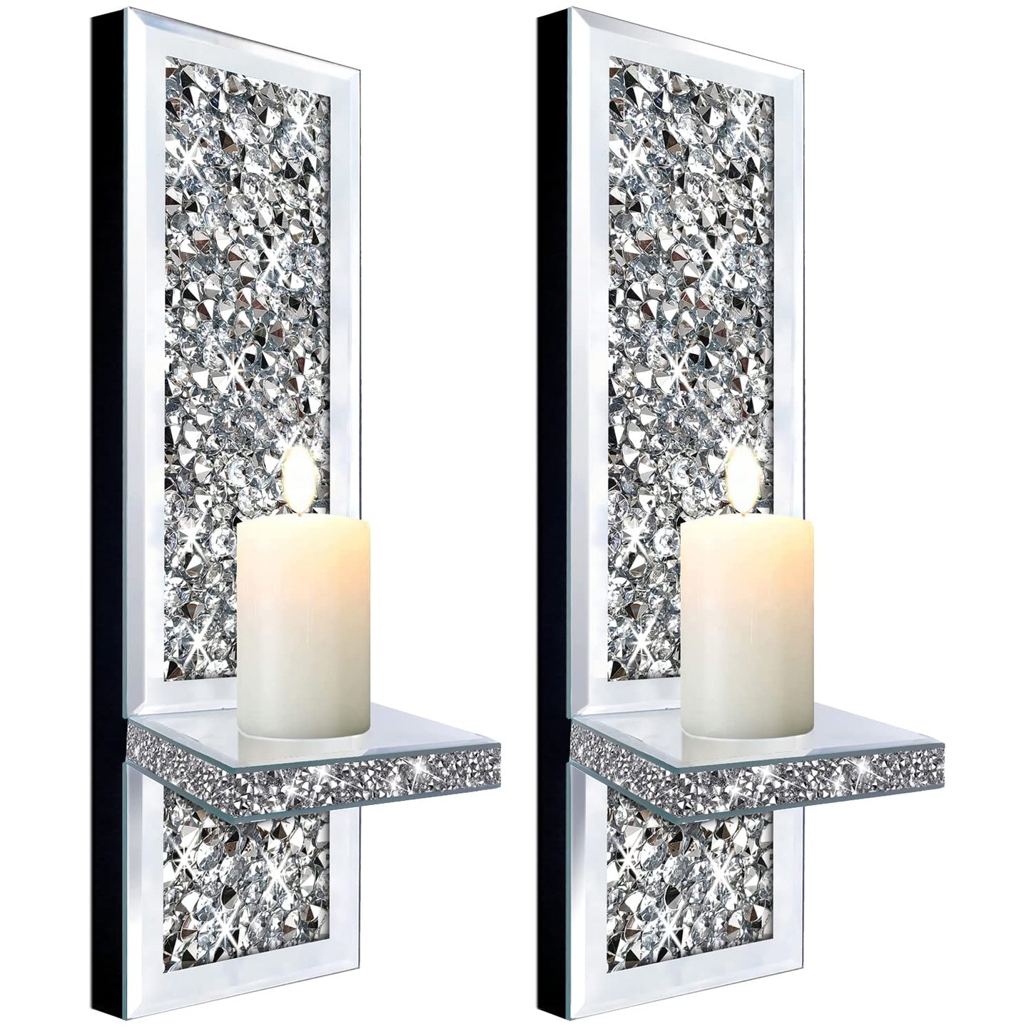 ZOLAPI Set of 2 Crystal Crush Diamond Candle Sconces, Gorgeous Silver Mirrored Wall Sconce, Candle Holder Glass Wall Decorations for Home Décor, Living Room, Dining Room.