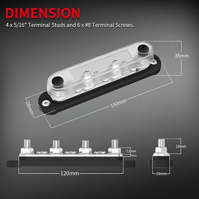 DAIERTEK Negative Bus Bar 12V Marine 4 x 5/16" (M8) Terminal Studs 6 x M4 (#8) Terminal Screws Gound Bus Bar Black Negative Power Distribution Block for Automotive Boat Solar System
