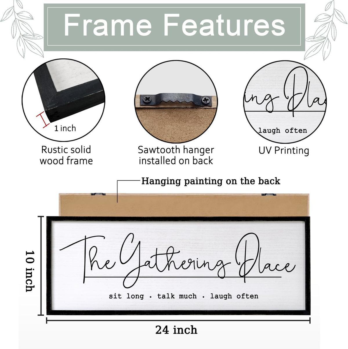 The Gathering Place Wall Decor Art 24"X10" for Dining Room gather Kitchen Wall Wooden Framed Sign (Black)