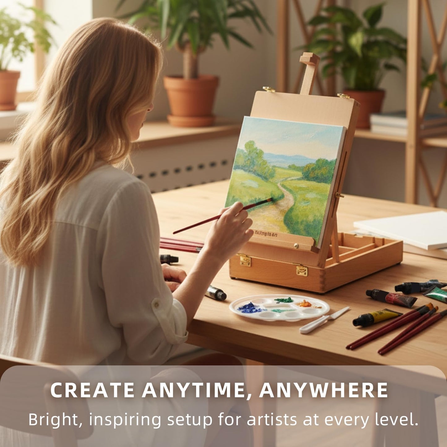 Falling in Art Beechwood Easel Box Set, 27 Pcs Tabletop Acrylic Paint Set, Portable Display Easel Stand with 12 Acrylic Paints, Canvas Panels and Brushes, Suitable for Beginners and Professionals