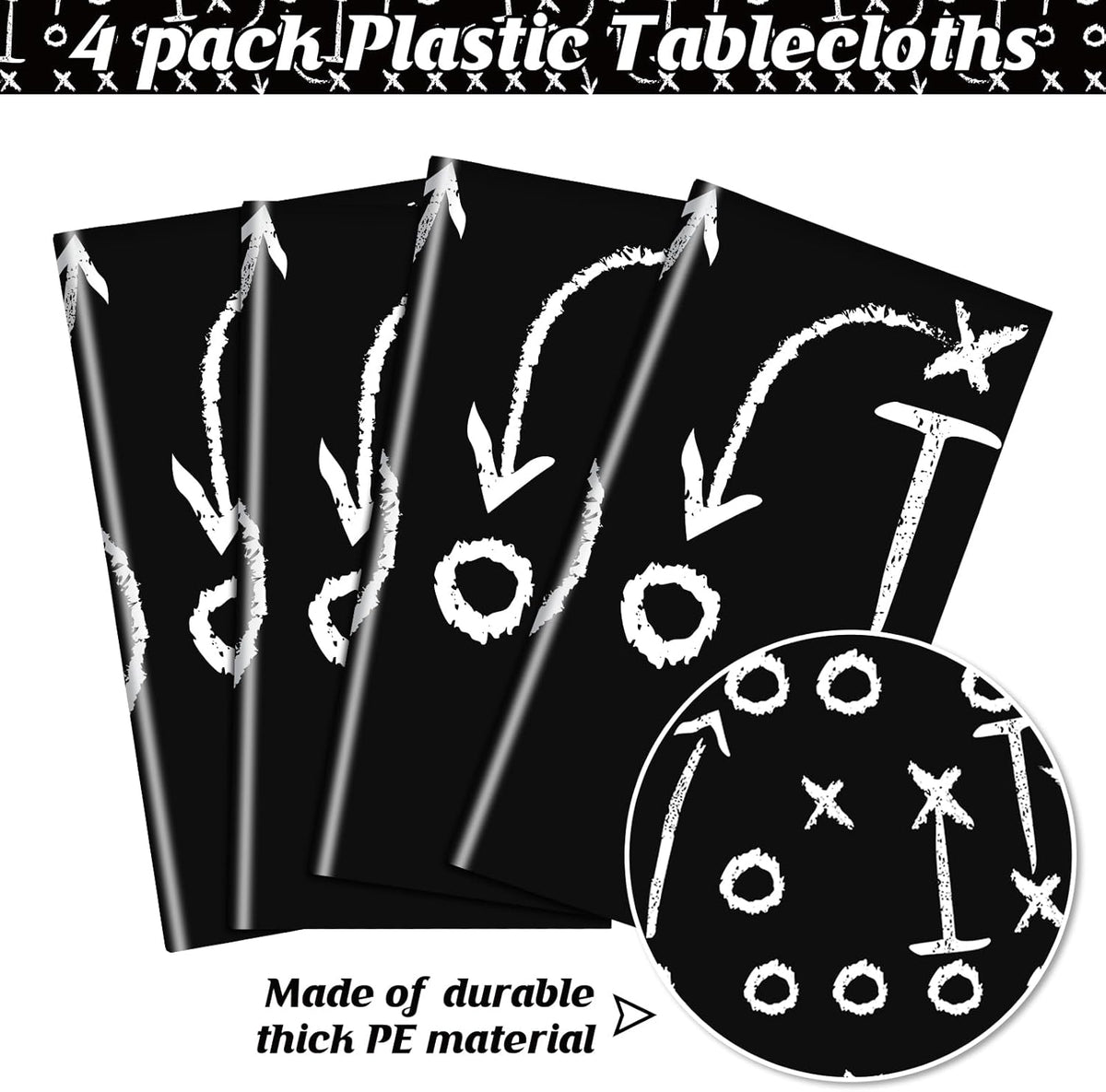 4 Pack Football Tablecloths, Football Themed Tablecloths Party Favor Supplies, Disposable Plastic Rectangle Table Covers for Sports Birthday Party Decoration, 108 x 54 Inch(Black)