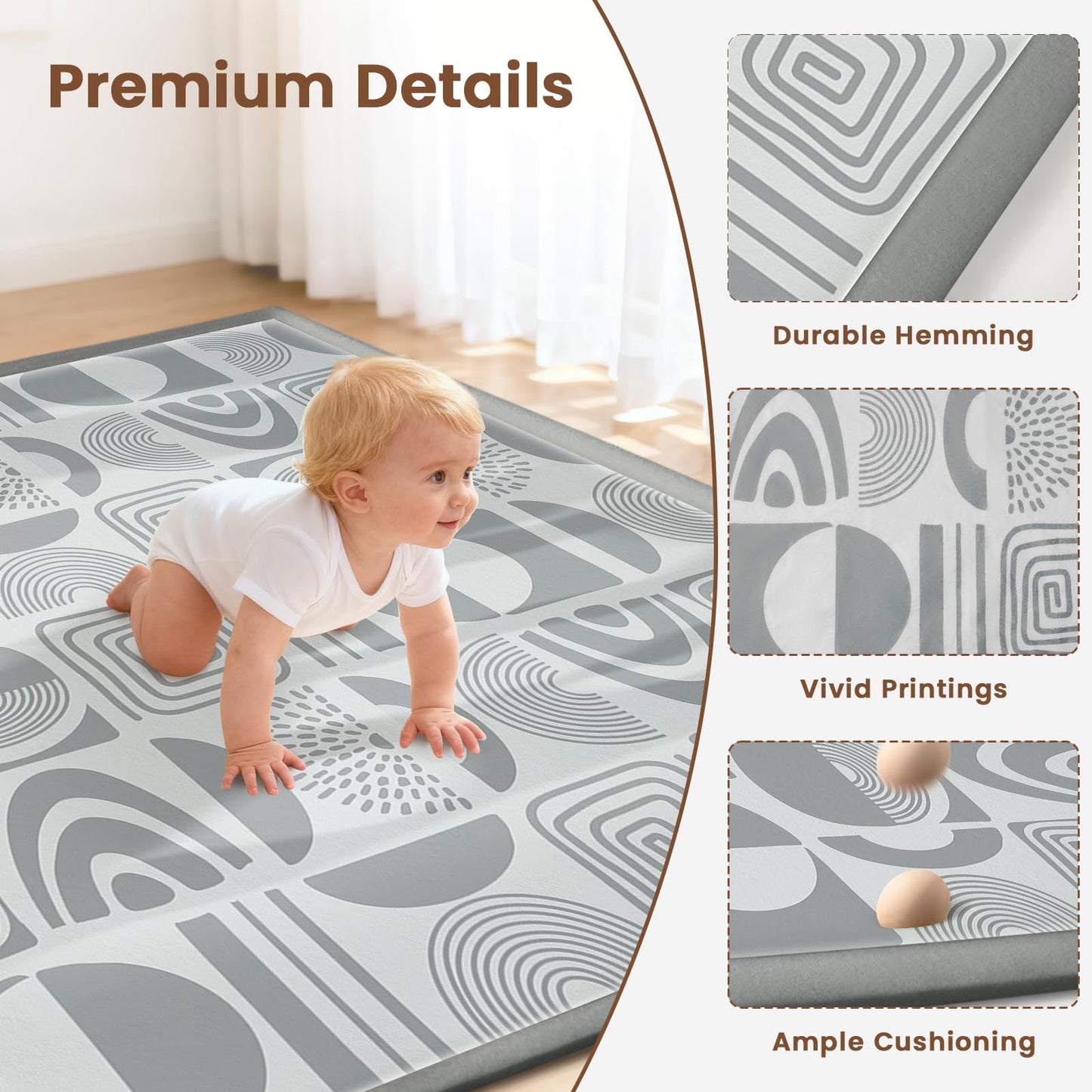 Omedecal 59"×71" Baby Play Mat for Floor & Playpen, 1.2" Thick High-Density Foam Nursery Mat for Tummy Time, Soft Plush Carpet with Non-Slip Bottom for Infant Toddler Baby Crawling & Playing (Grey)