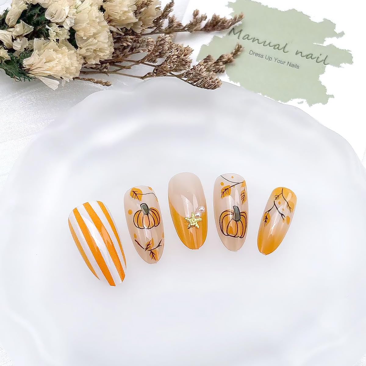 30Pcs Fall Press on Nails Medium Almond French Tip Fake Nails Maple Leaf Pumpkin False Nails with 3D Pearl Design Thanksgiving Orange Glossy Artificial Stick on Nail Full Cover Glue on Nails for Women