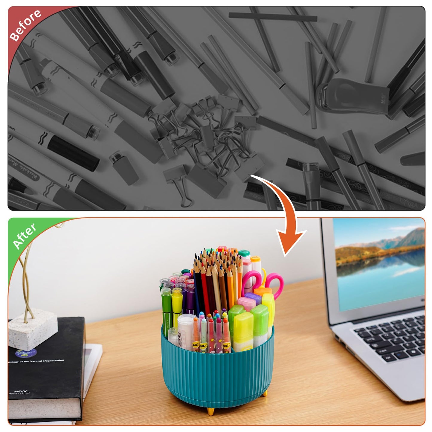 Marbrasse Desk Organizer, 360-Degree Rotating Pen Holder, Desk Organizers and Accessories with 5 Compartments Pencil Organizer, Art Supply Storage Box Caddy for Office, Home（Green）
