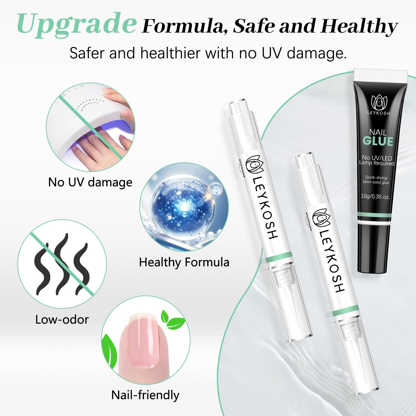 Leykosh Nail Glue for Press Ons 10g & 2*5ml Nail Glue Remover Pens, 10s Quick Dry Semi Solid Glue on Nails No Lamp Needed, 28+ Days Strong Hold, Damage Free Easy Off, Not for Gel Polish or UV Curing