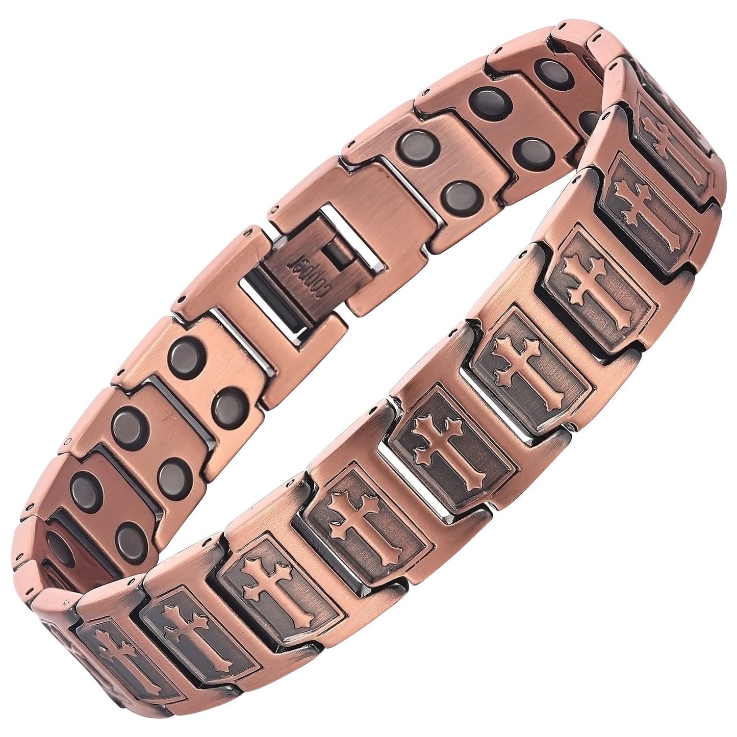 MagEnergy Copper Bracelet for Men, Cross Copper Magnetic Bracelet with Ultra Strength Magnets, Adjustable Link Jewelry Box Gift (Sizing Tool)
