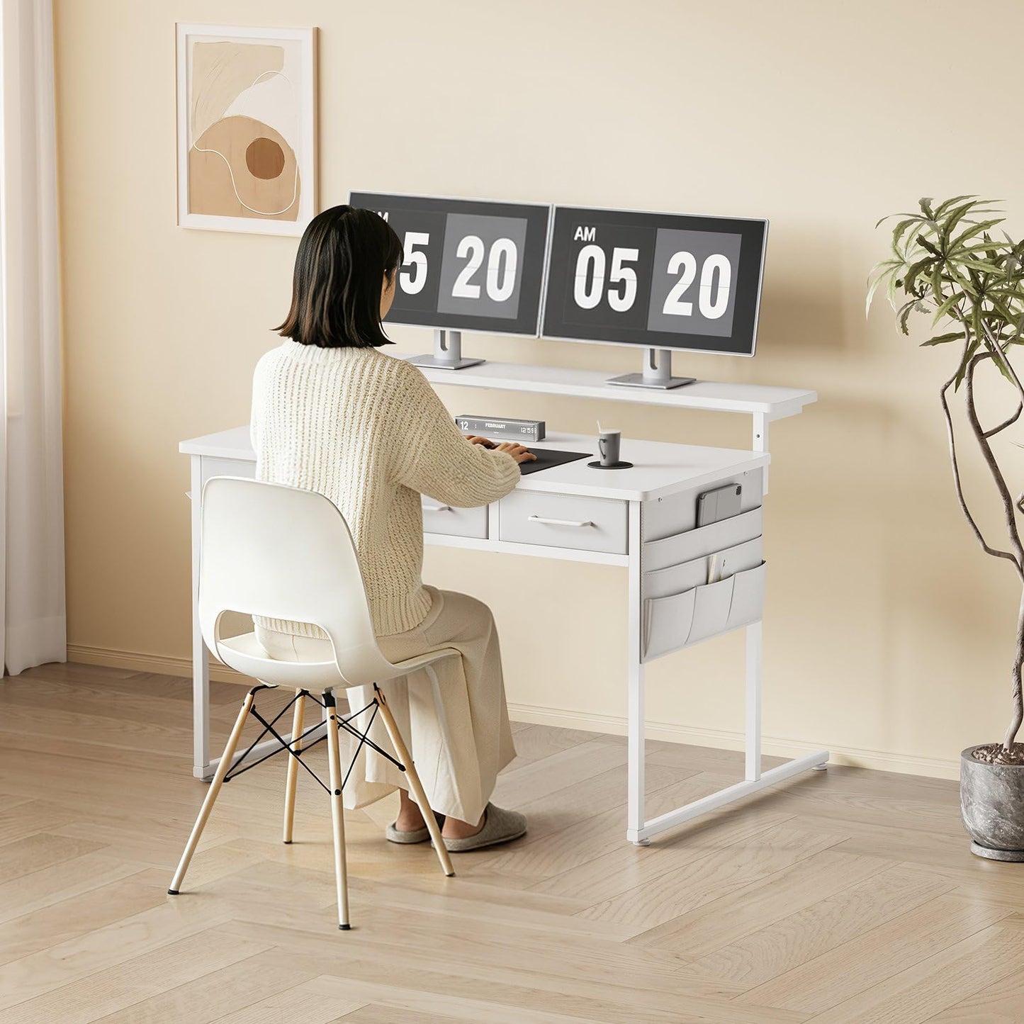 Maihail Small Desk with Drawers, 39.4X15.8-22.9 Inches Office Computer Desk with Side Pocket & Ergonomic Monitor Stand, Writing Table for Small Spaces, Bedroom, White