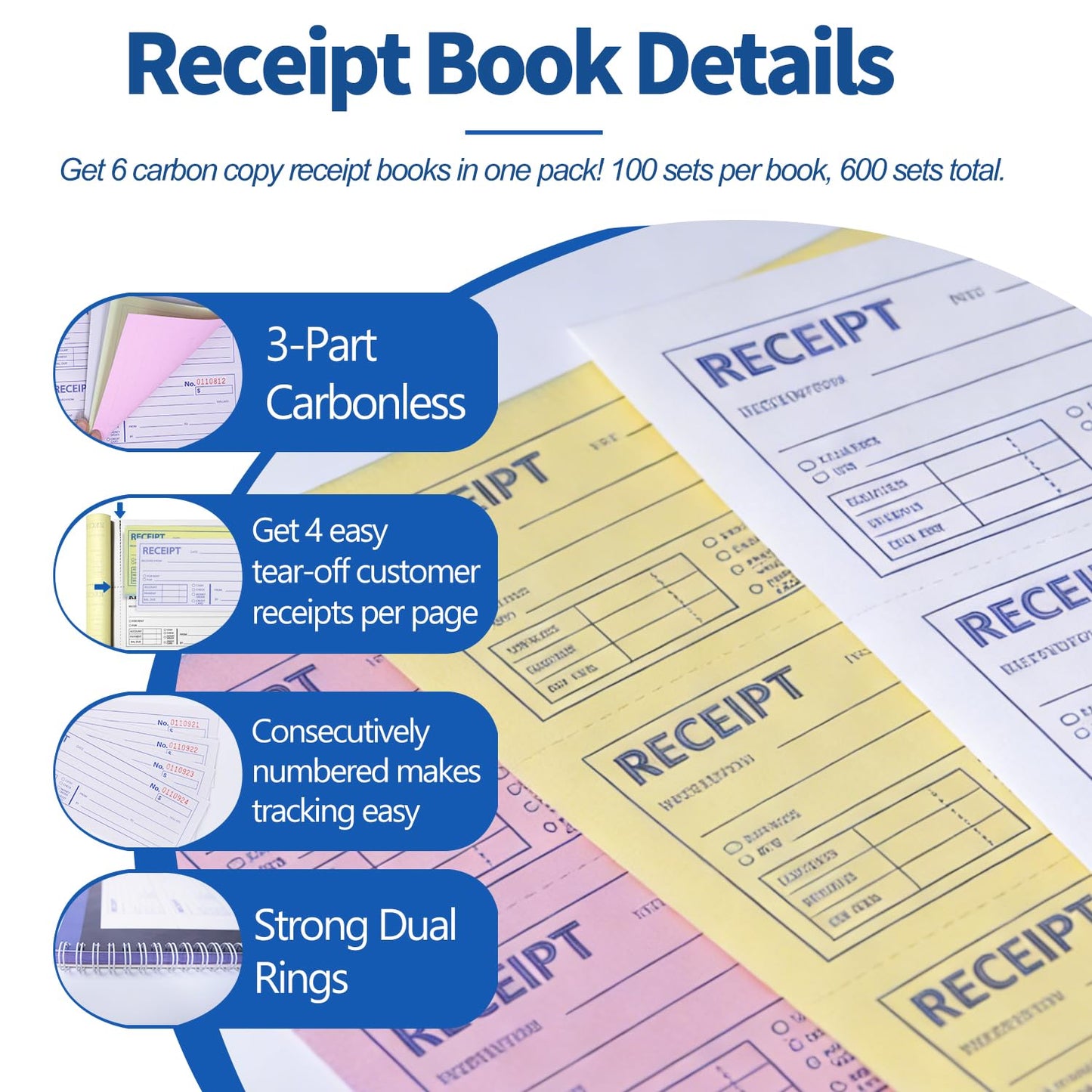 6 Pack Large Money and Rent Receipt Books with Cardboard Insert,7-5/8" x 10-7/8" Spiral Bound,3 Part Carbonless,100 Sets per Book,4 Receipts Per Page for Rent and Cash Transaction