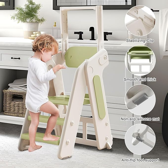 Toddler Tower Kitchen Stool Helper,Foldable/Adjustable Height Kids StandingTower Stool W/CPC Certification,for Kitchen Counter Bathroom Sink Cooking Child Ladder for Toddlers W/Safty Rail(Brown White)