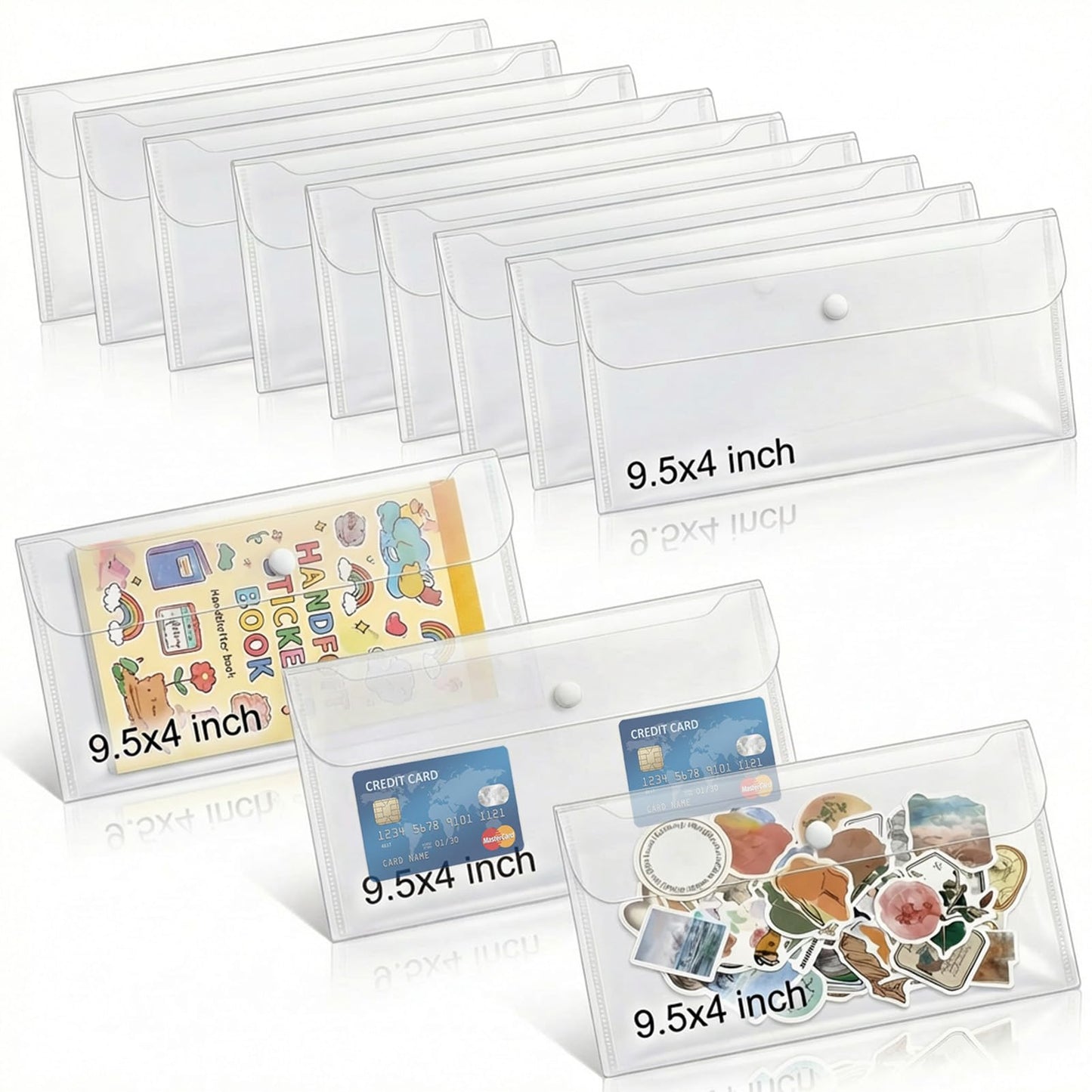 Sticker Organizer, Clear Plastic Envelopes with Snap, 12 Pack Waterproof and Durable for Sticker Storage, Scrapbook Storage, Washi Tape, Scrapbooking & Stamping Supplies (9.5 x 4 Inches)
