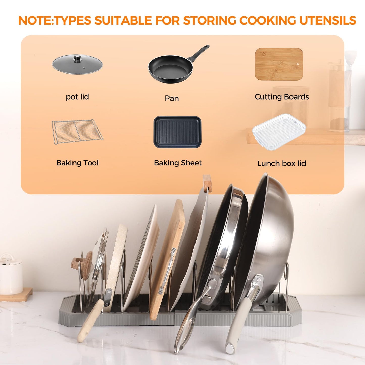 Adjustable Pot Lid Organizer Rack, 9 Compartments Cabinet Storage Holder for Pots, Pans, Lids, Cutting Boards, Bakeware
