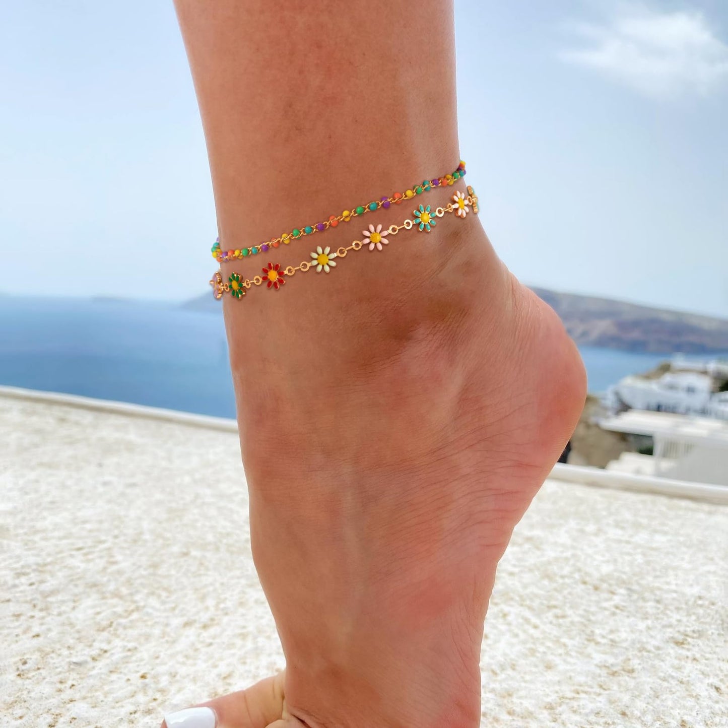 MTMY Gold Anklets for Women 14K Gold Plated Tiny Bead Anklet Tassel Foot Chain Dainty Adjustable Cute Summer Beach Boho Anklets Jewelry Gift for women (colorful beads)