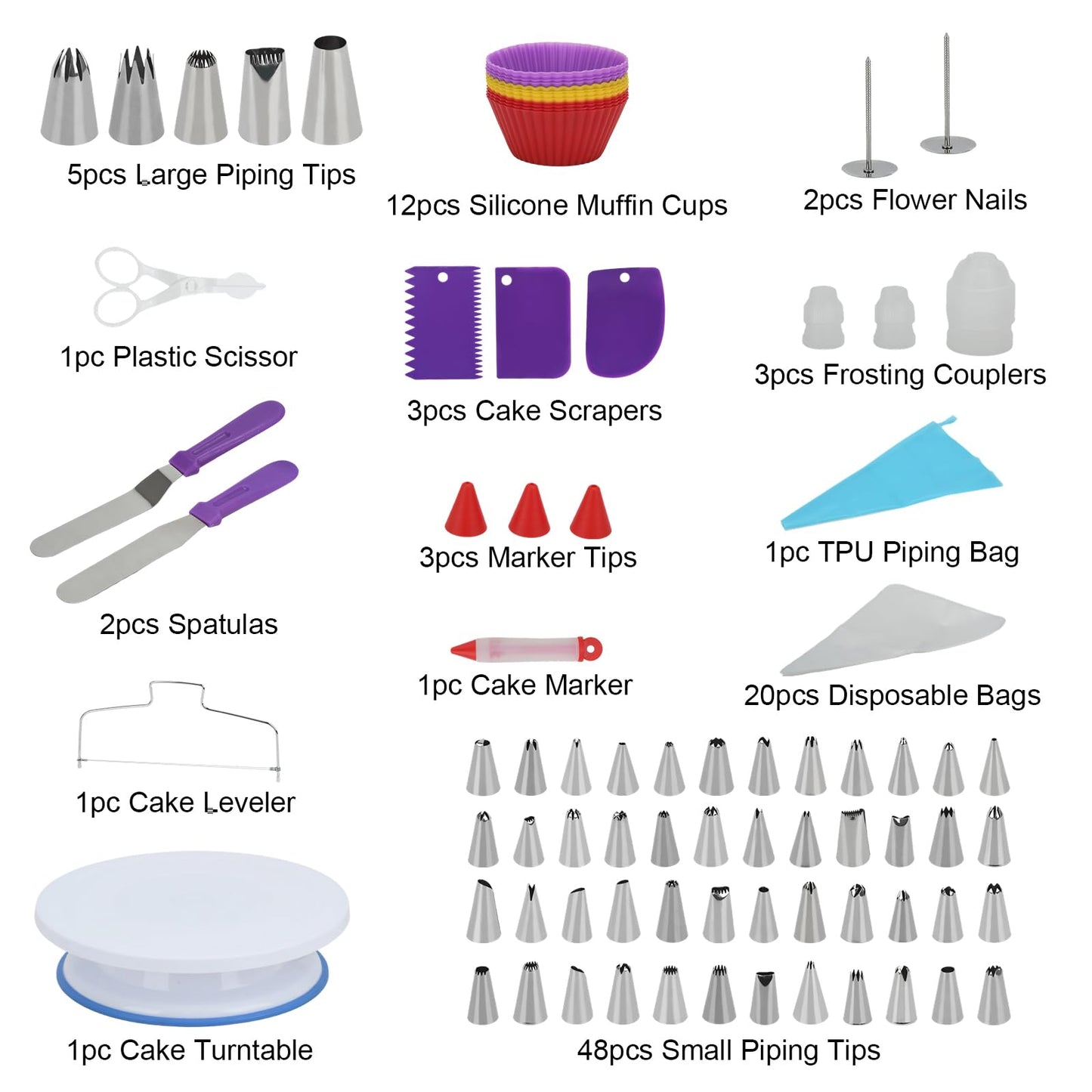 103pcs Cake Decorating Kit, Cake Decoration Tools with Cake Stand Turntable, 2 Frosting Spatulas, 48+5 Icing Tips, 20+1 Piping Bags, 12 Silicone Muffin cups, Cake Baking Supplies