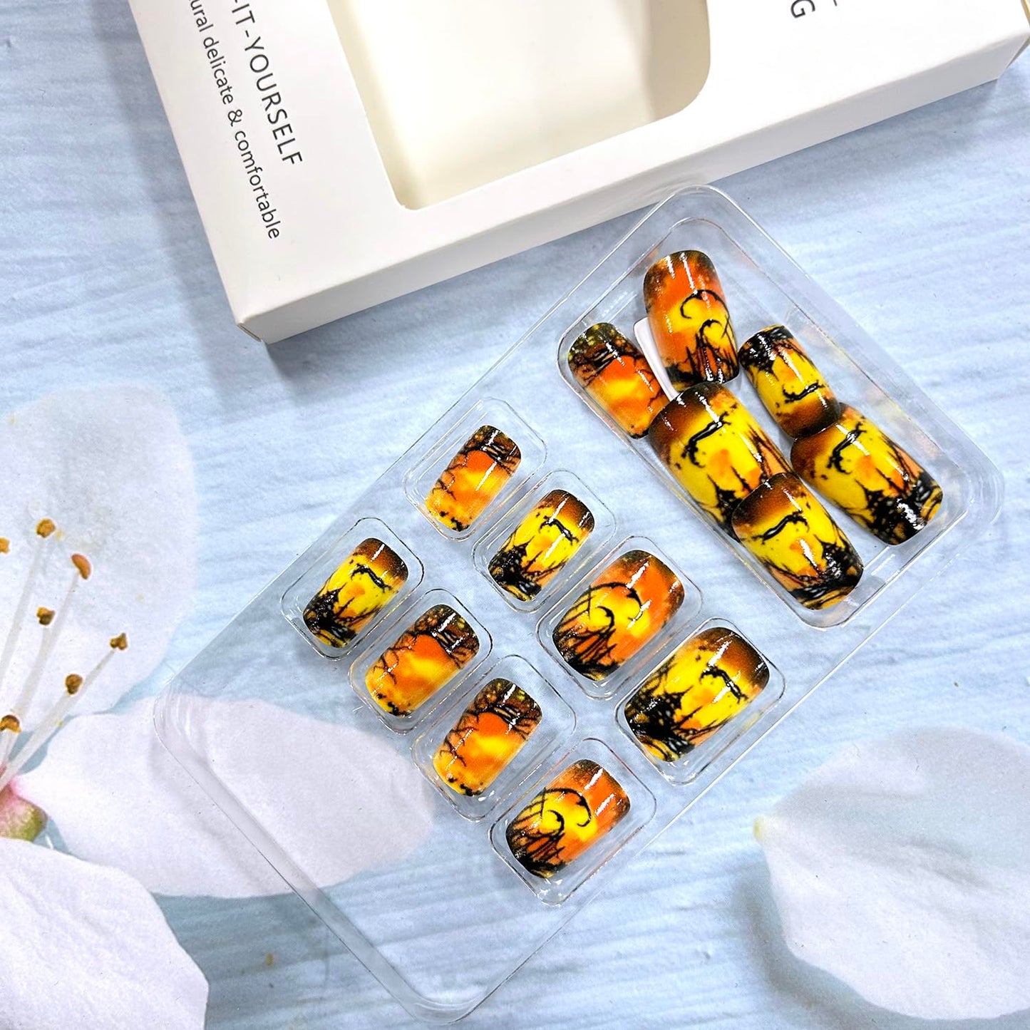 CJDLTS 24Pcs Press On Medium Orange Square Artificial Nails Full Cover Coffin Nails - Black Branches Design, Reusable Glue On, DIY Stick On