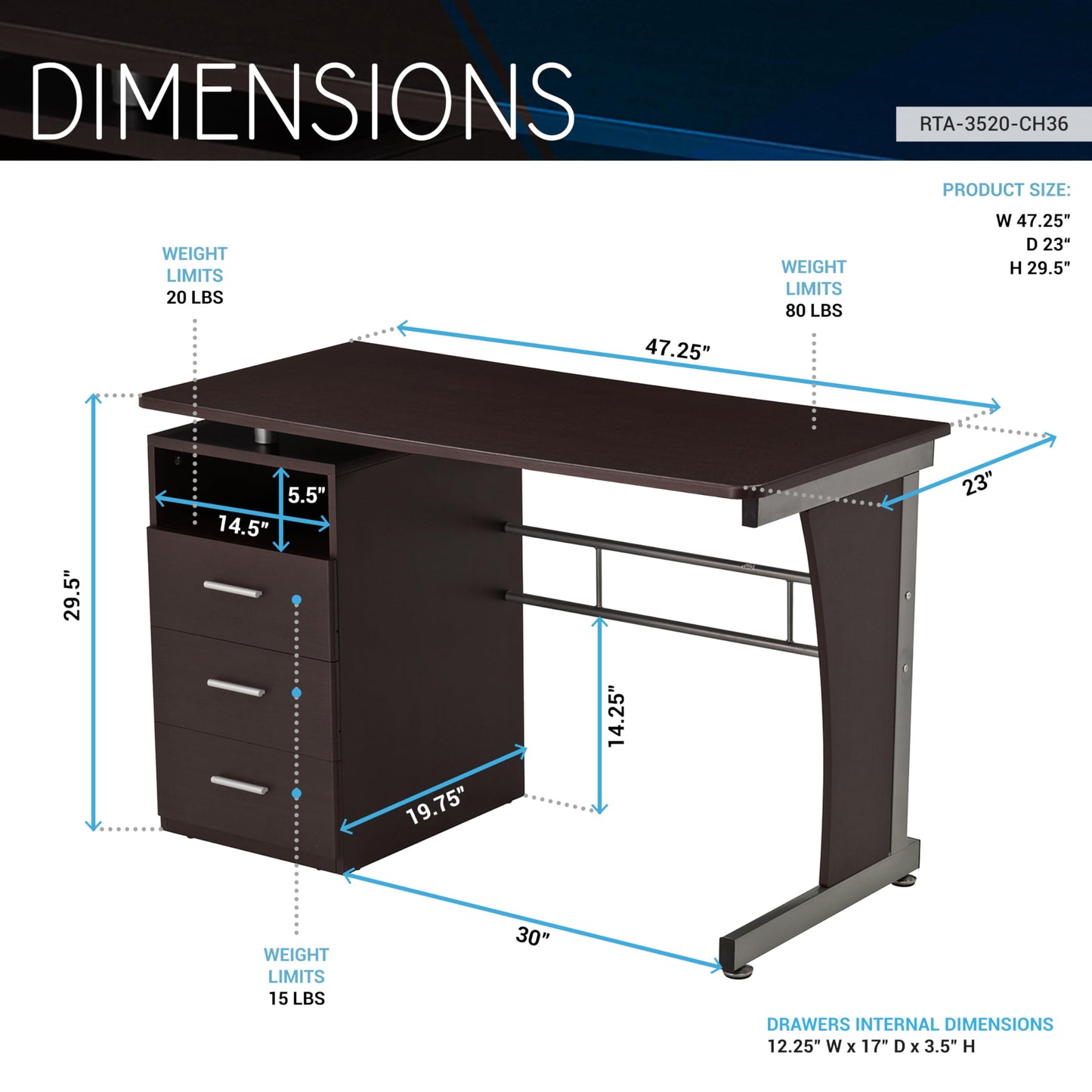47.25" Computer Desk with Drawers, Home Office Desk with Storage, Heavy Duty and Water Resistant Study Table, Chocolate Brown