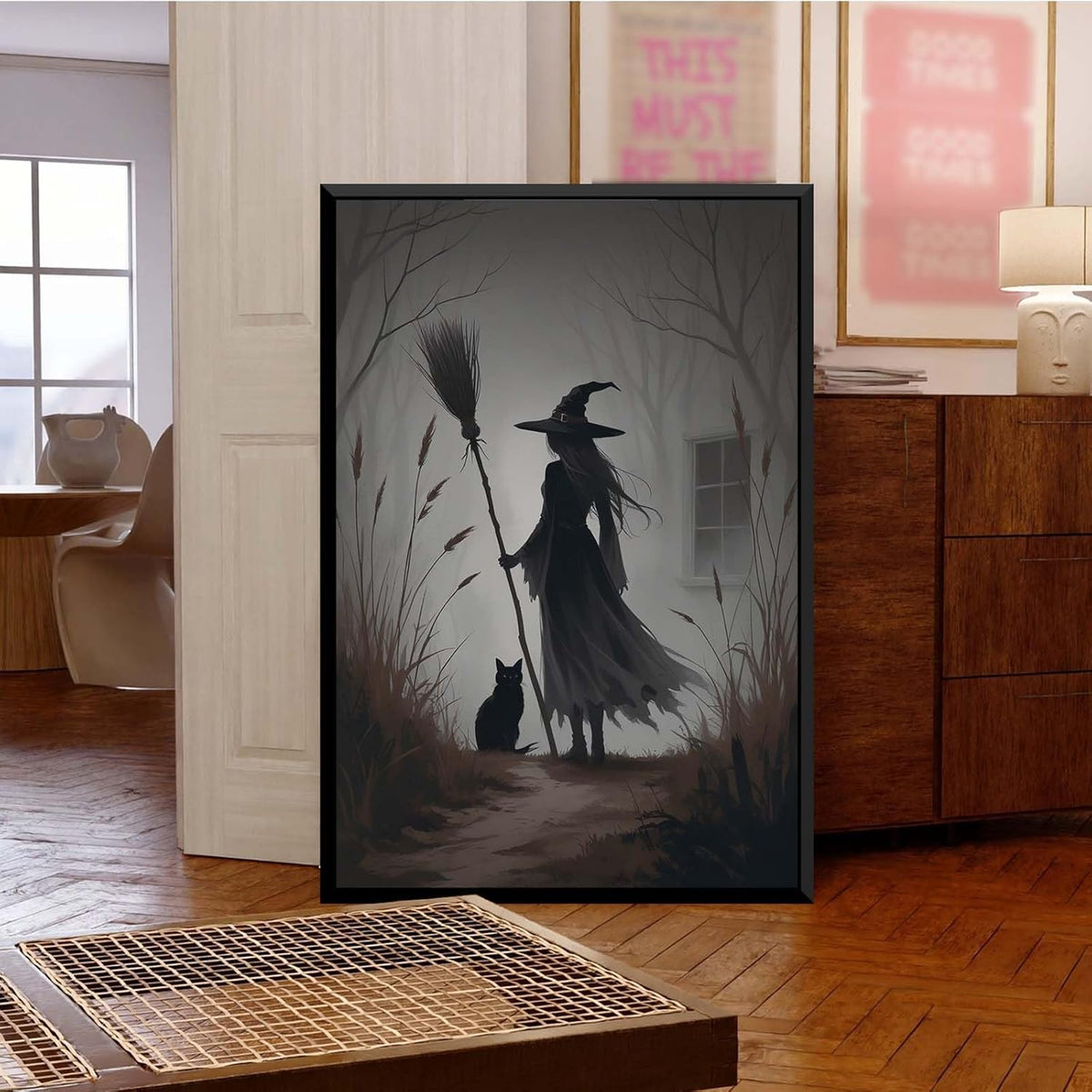 JFHCQJPK Vintage forest witch and black cat poster Halloween mural poster decoration mural art magic suitable for home living room bedroom16x24in Metal blackFramed