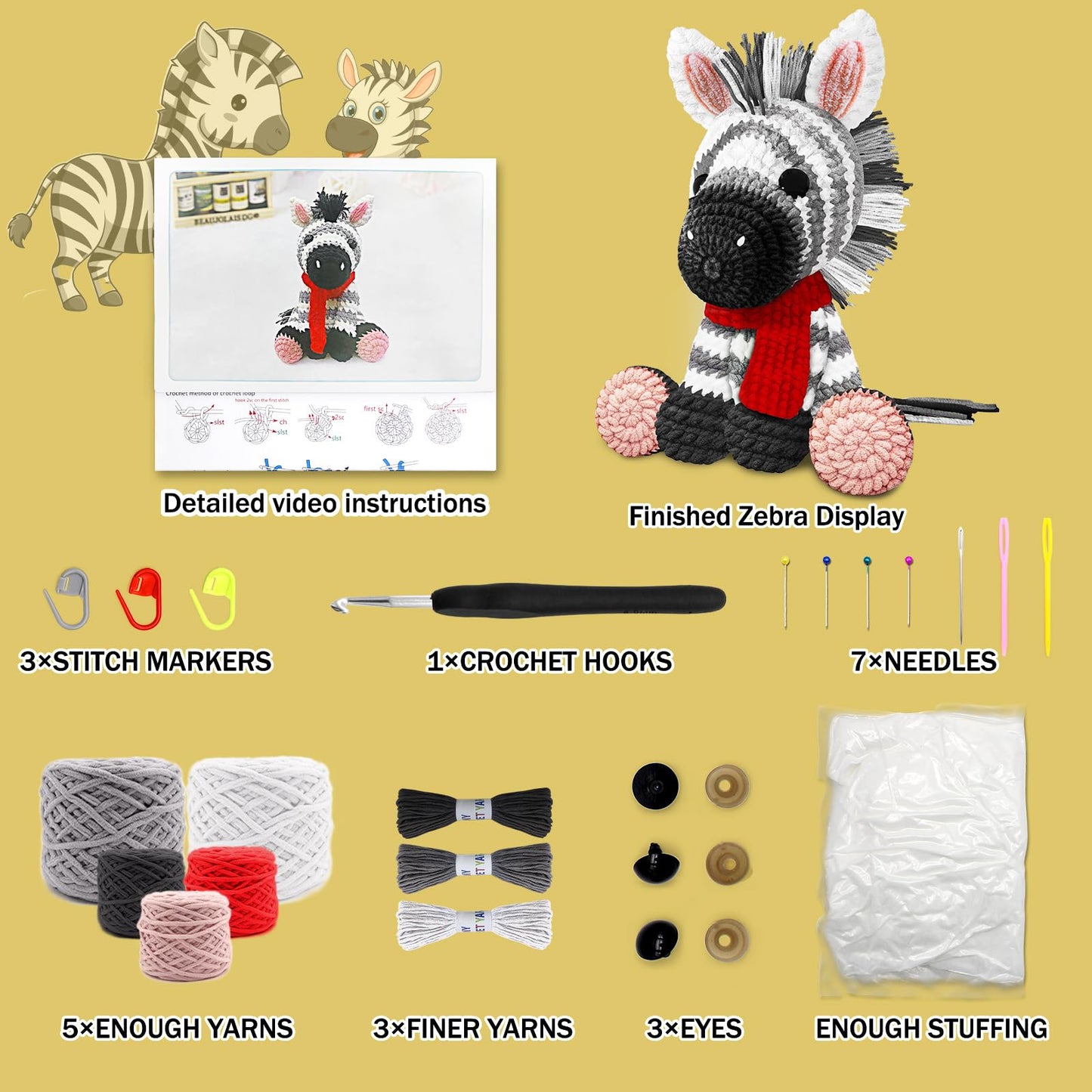 CODGP Crochet Kit for Beginners,11.8in Crochet Animal Kit Zebra,Crochet Starter Kit Gift for Adults with Yarn Sets,Amigurumi Crochet Kit with Step-by-Step Video Tutorials