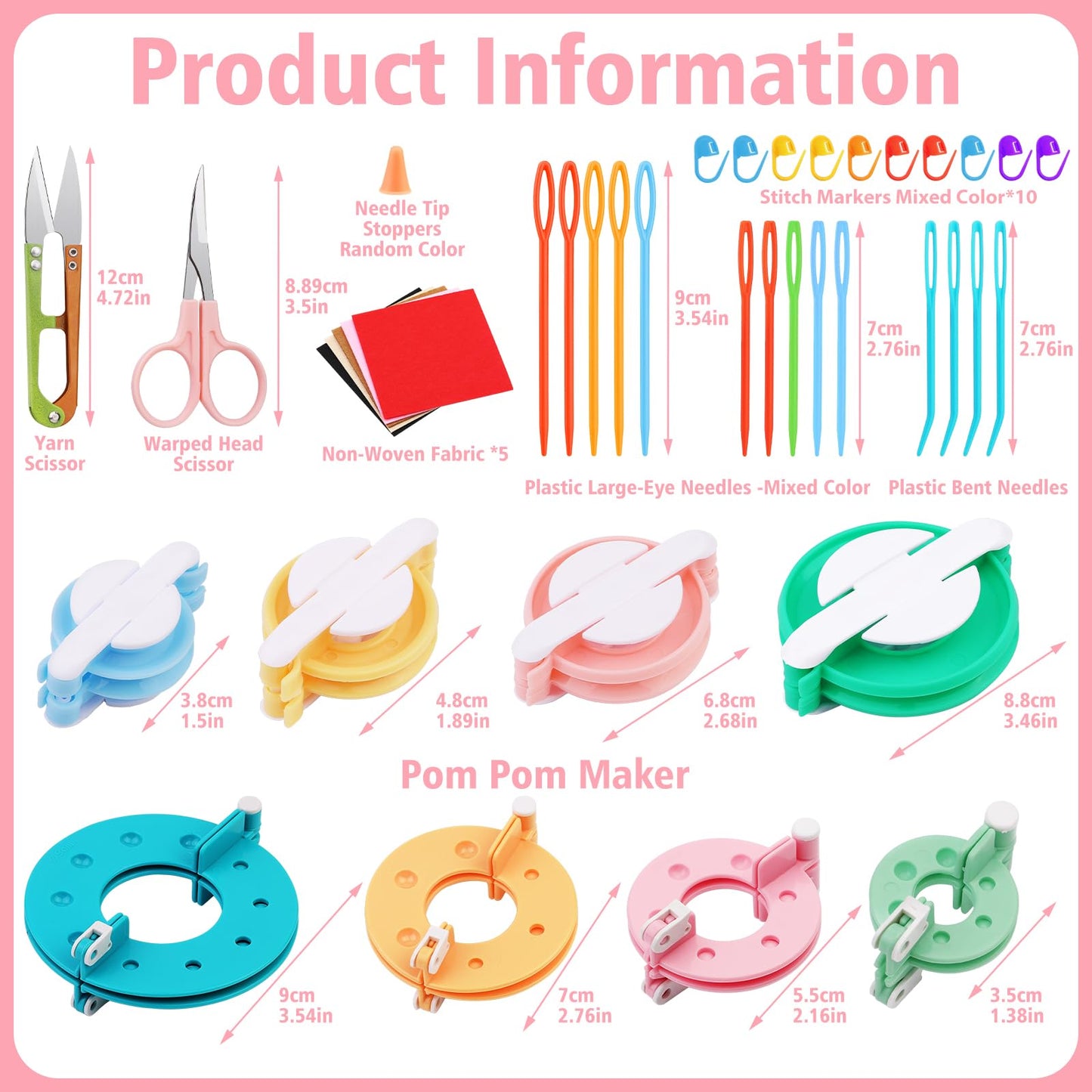 FTEVEN 41Pcs Pom Pom Maker, 8 Size Pompom Maker Kits with Warped Head Scissor and Instruction, Used for Fluff Ball Weave DIY Crochet Knitting, Pom Pom Maker for Yarn Knitting Craft Project