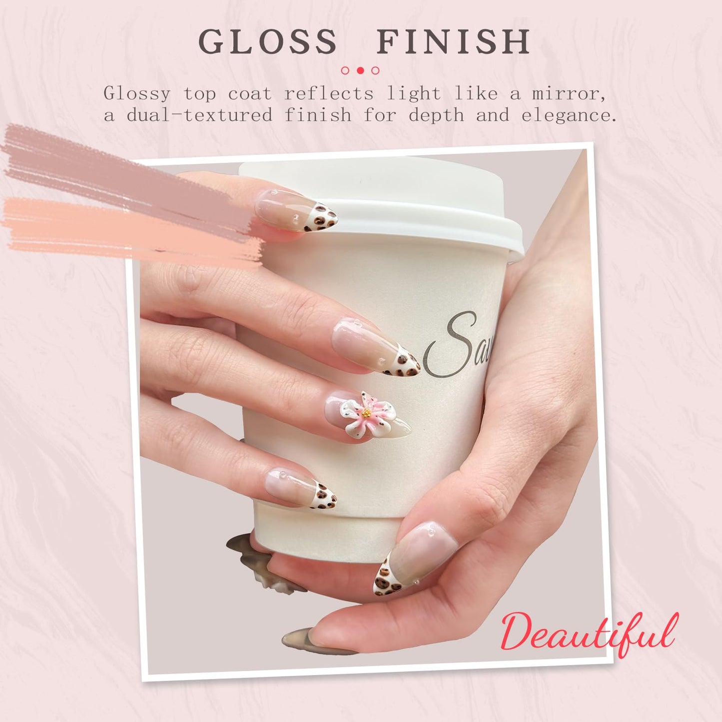 Handmade Press on Nails – Reusable False Nails with Leopard Print French Design, Gradient Tropical 3D Flower Art, Medium Almond Shaped Fake Nails (10PCS-M)