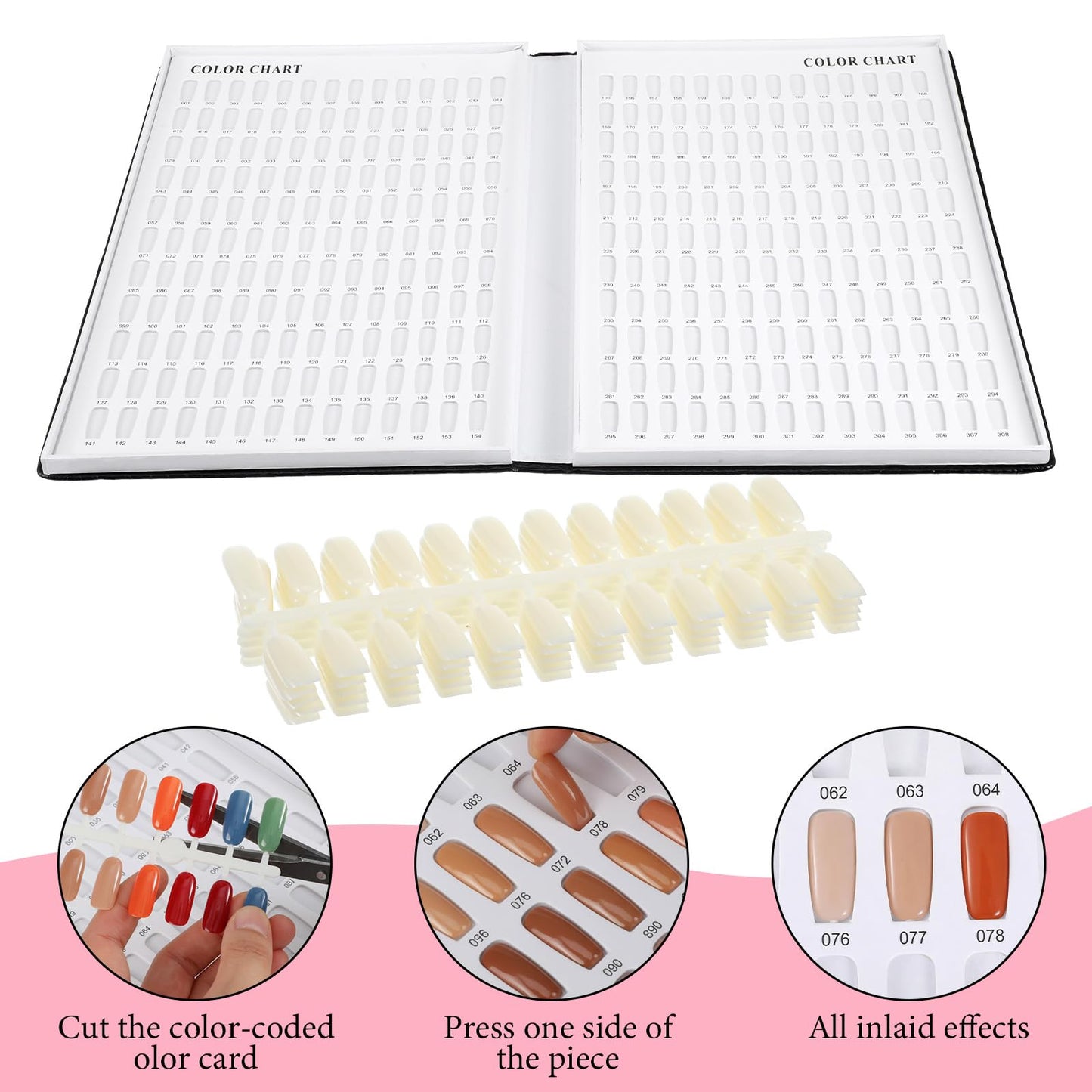 Professional 308 Nail Color Chart Book with 120 Pcs False Nails and 1-400 Number Labels, Gel Polish Display Card for Nail Art Salon Swatches and Practice Design, Black