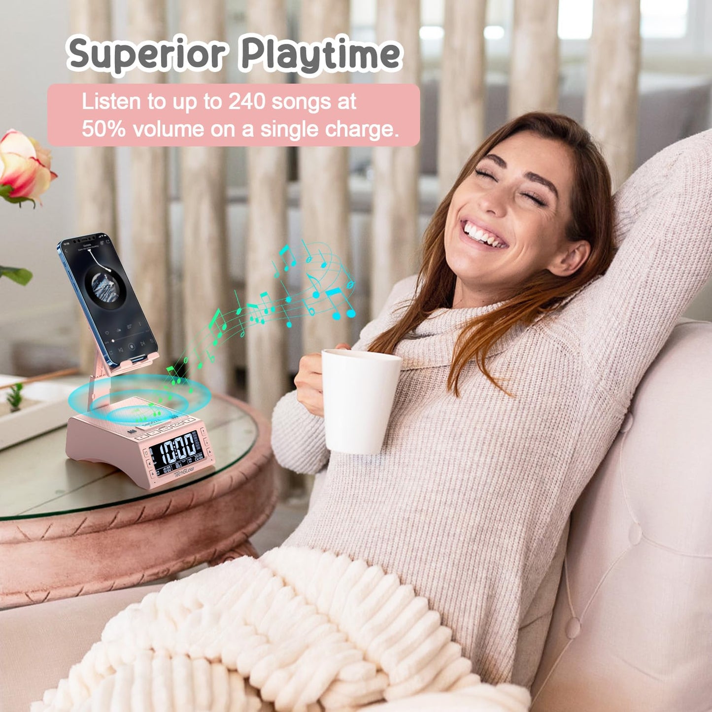 TechGlow Foldable Cellphone Stand with Wireless Bluetooth Speaker Birthday Gifts for Men Women Mother Father Cool Tech Gadgets- Pink